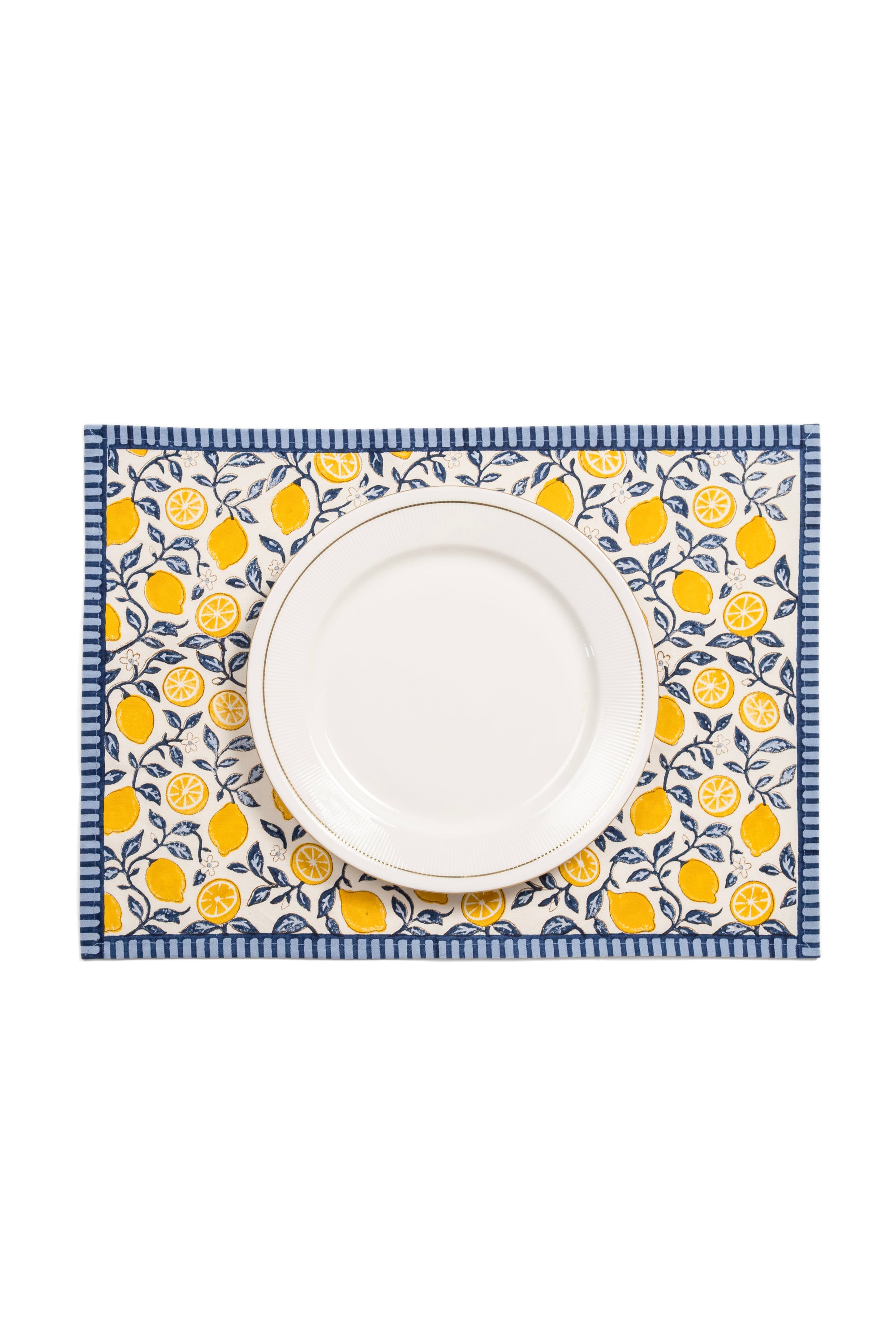 Inner Child capri lemons blockprint placemat with yellow lemon pattern