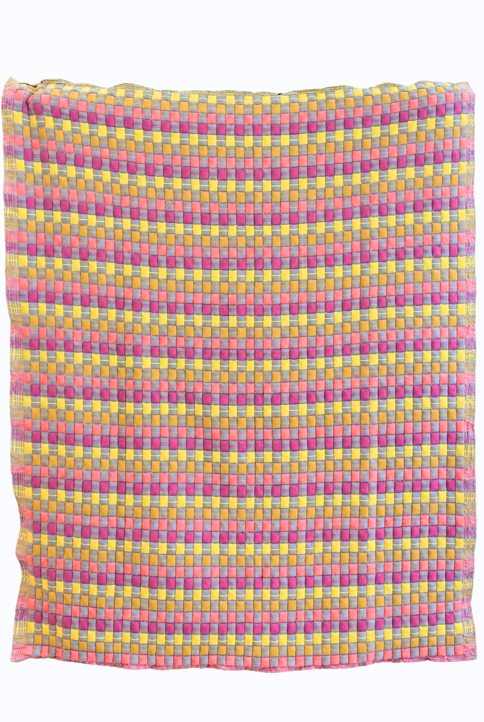 Vibrant cotton candy colored sujani quilt with multicolored square patterns
