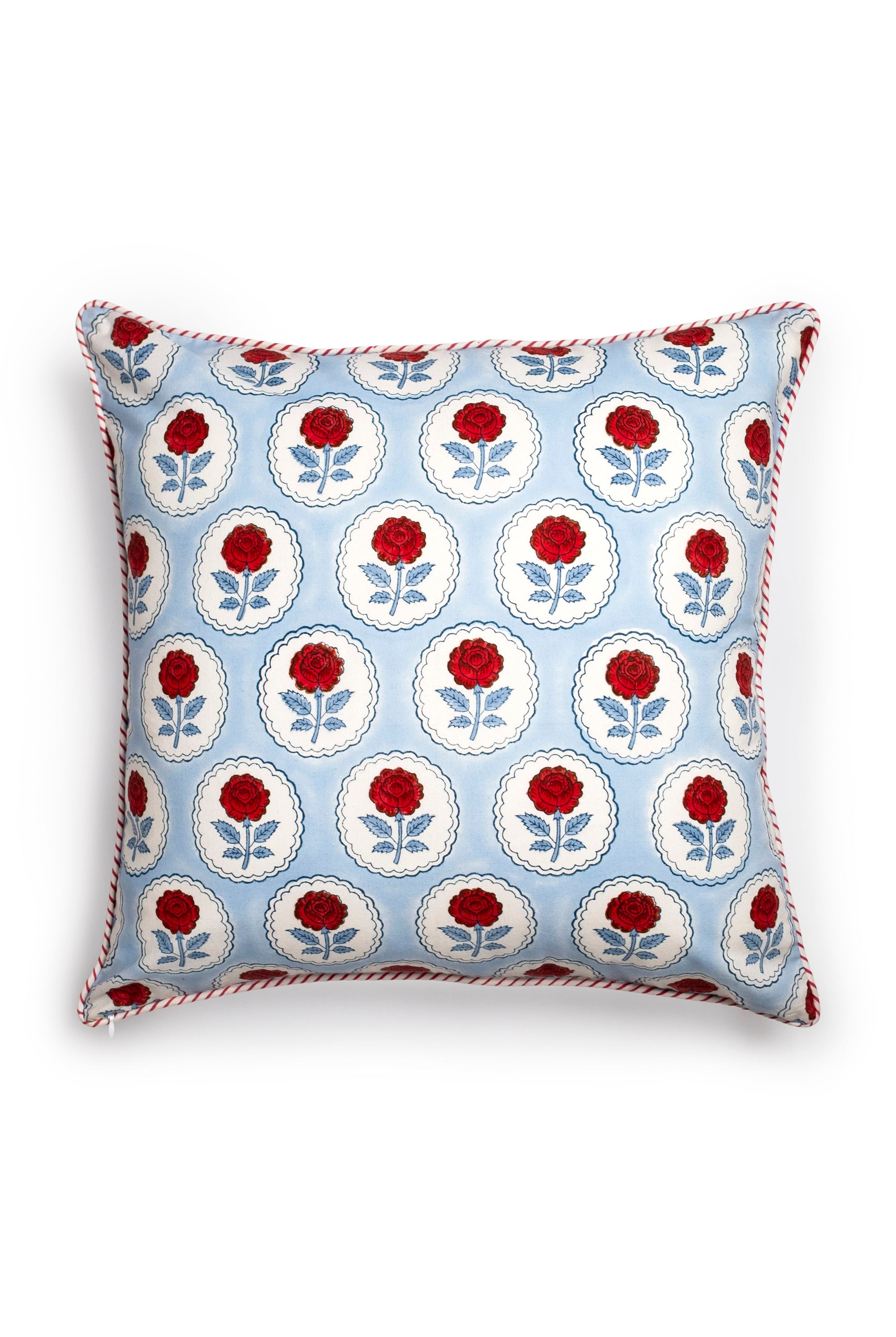 English rose blockprint pillow cover in blue/red pattern