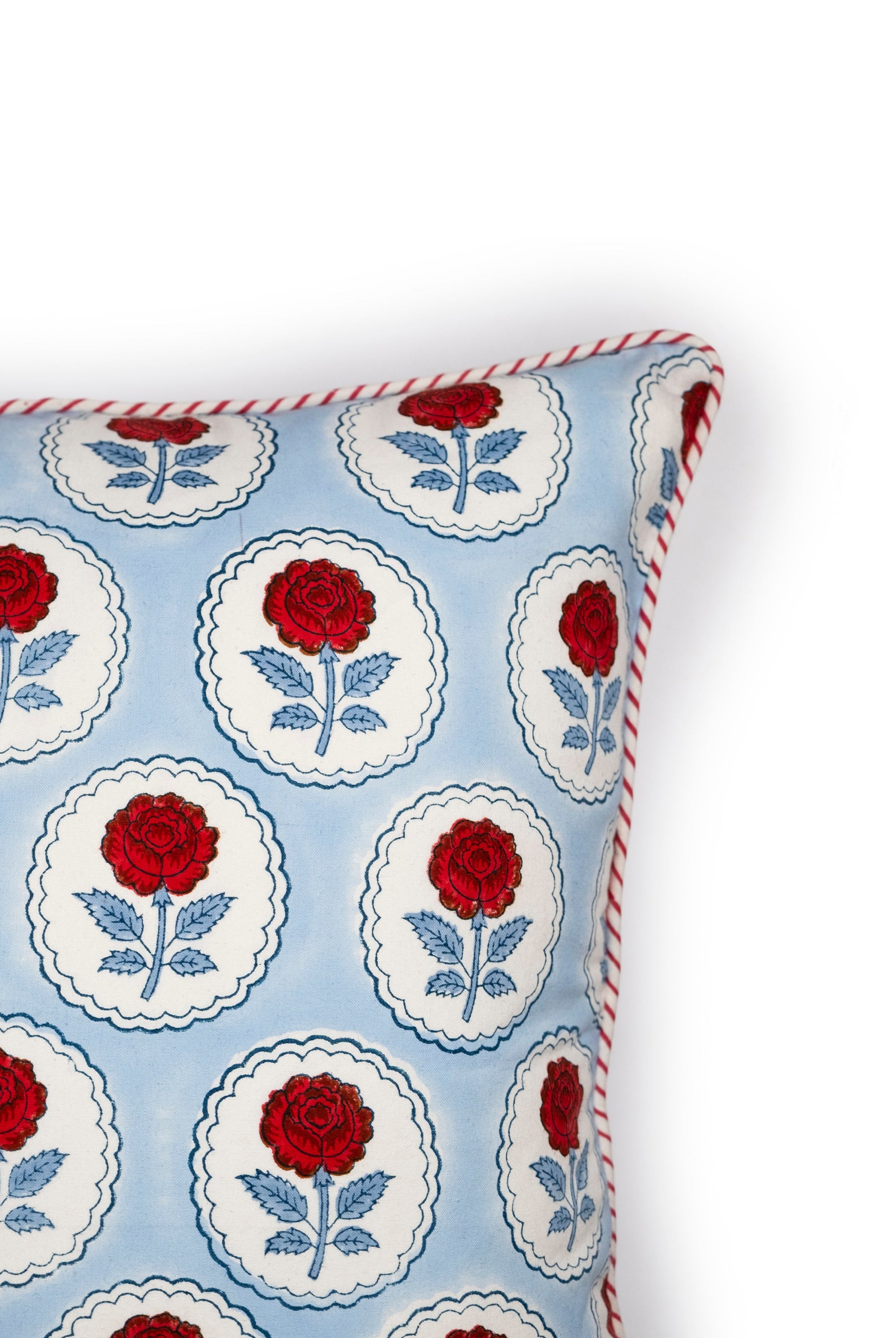 Blue and red English rose blockprint pillow cover by Inner Child