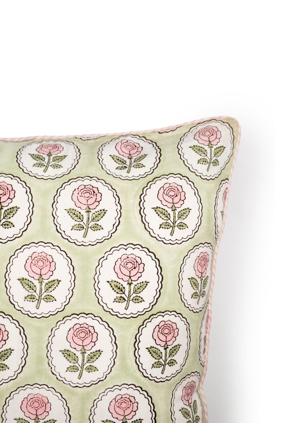 Pink and green English rose blockprint pillow cover close-up by Inner Child