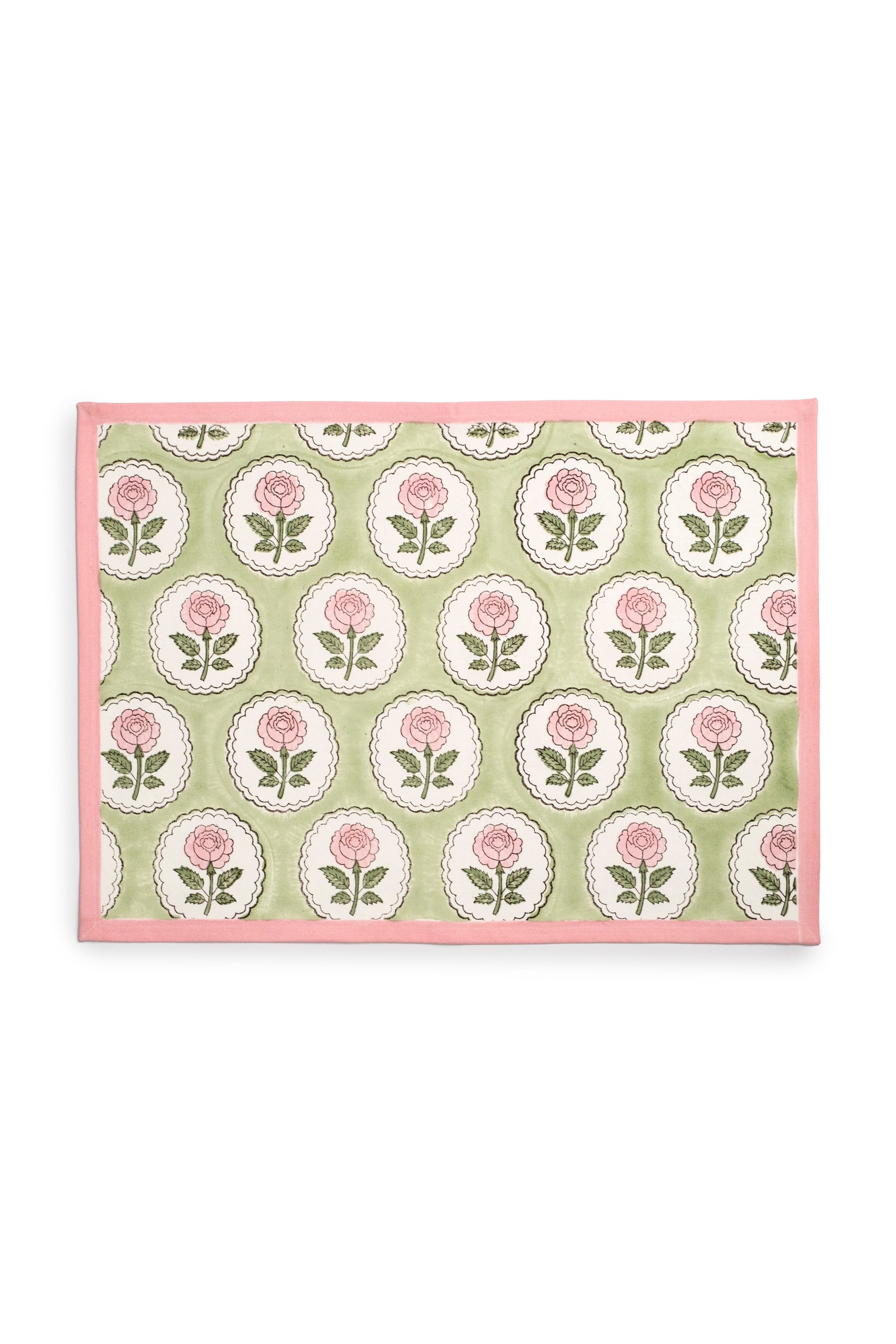 English Rose blockprint placemat green background pink roses white circular patterns pink border
