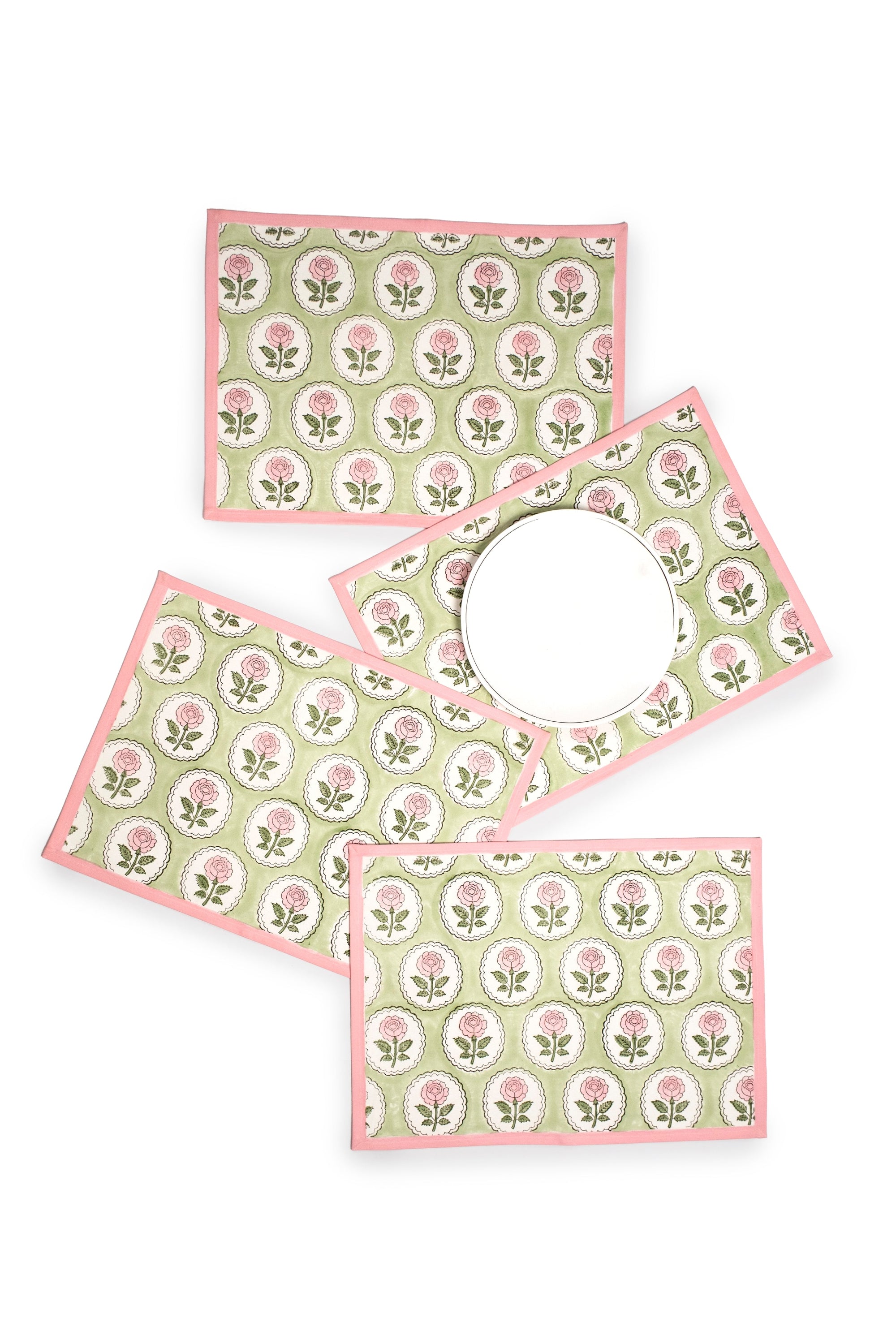 Inner Child set of English Rose blockprint placemats in green