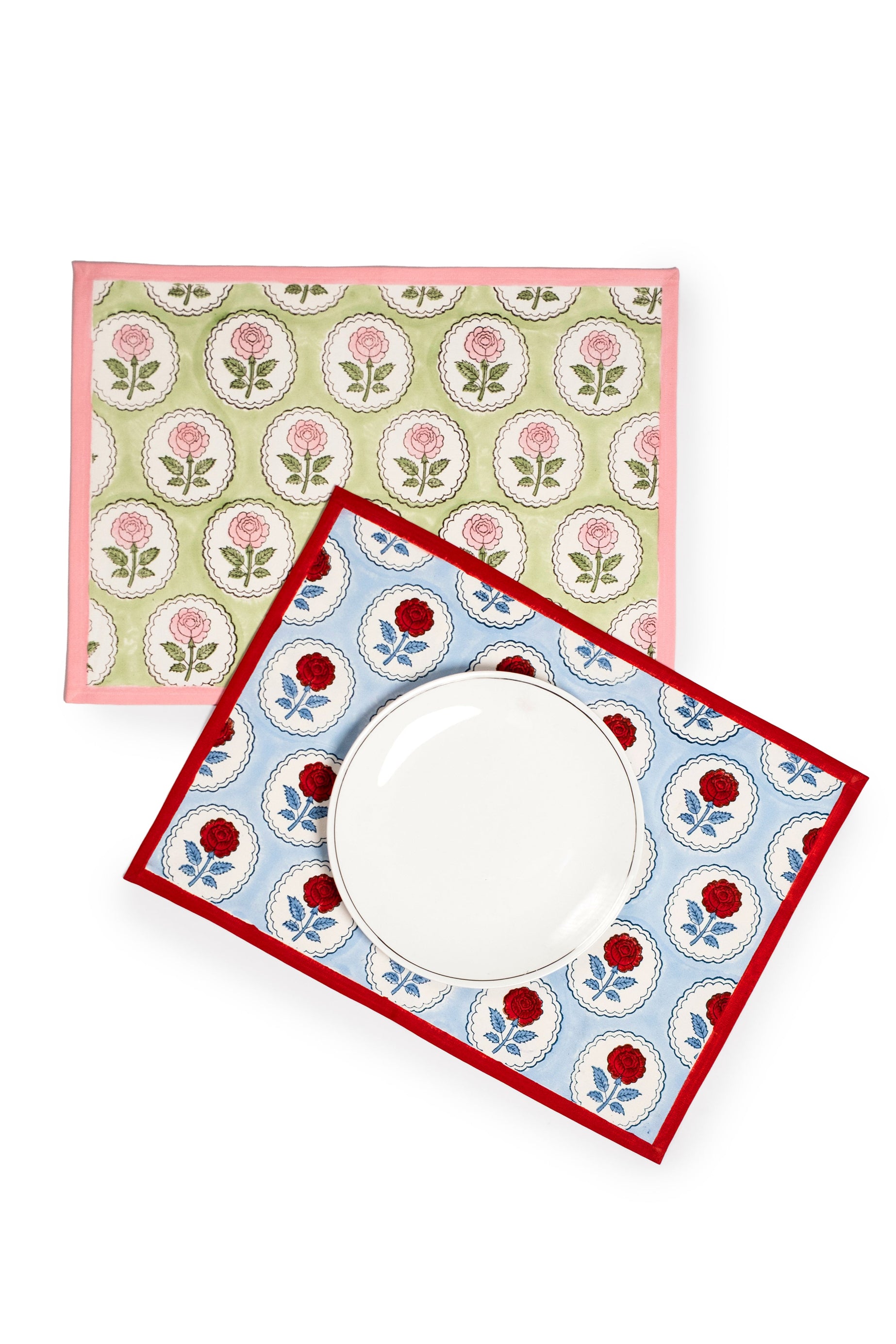 Inner Child English Rose blockprint placemats in green variations