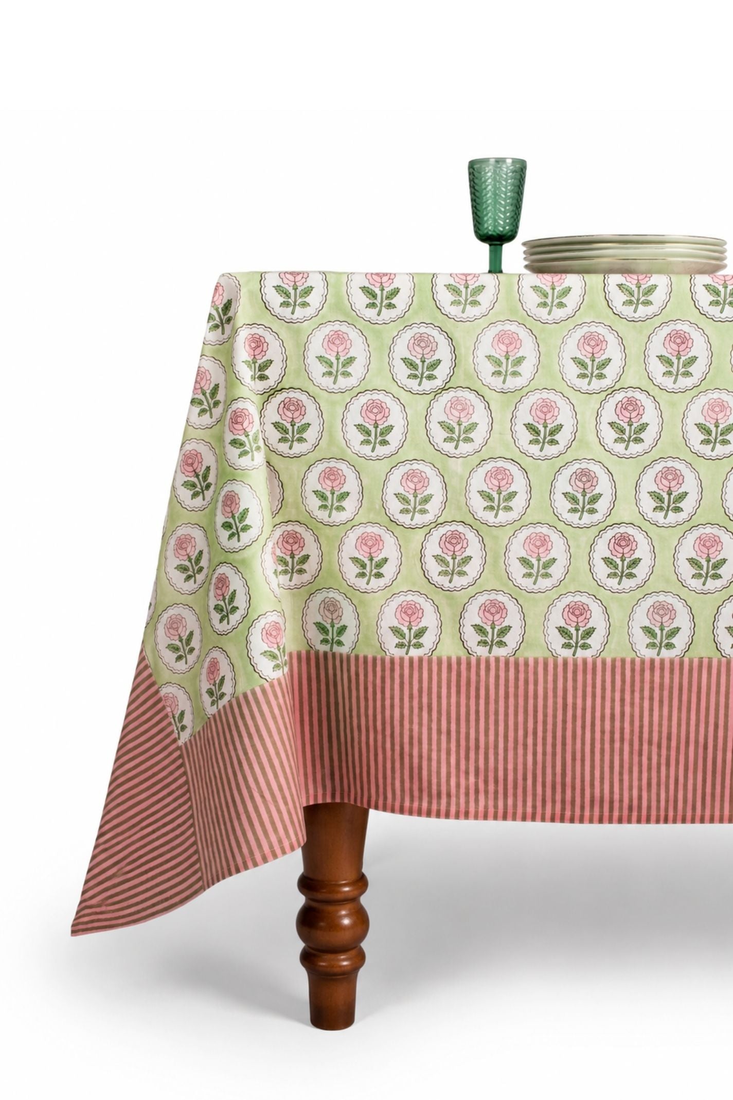 Inner Child English Rose blockprint tablecloth in pink and green