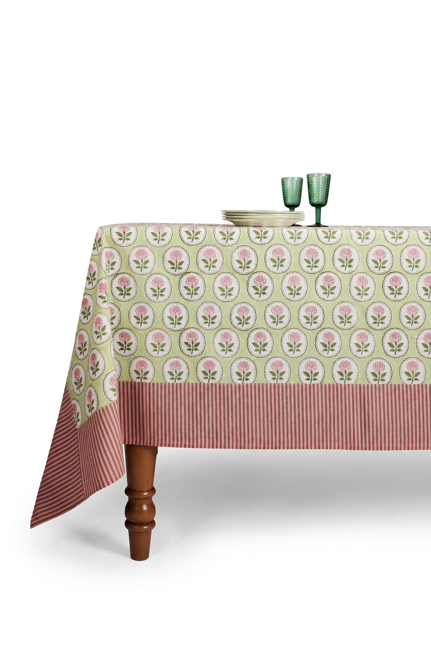 Inner Child English Rose blockprint tablecloth in pink and green