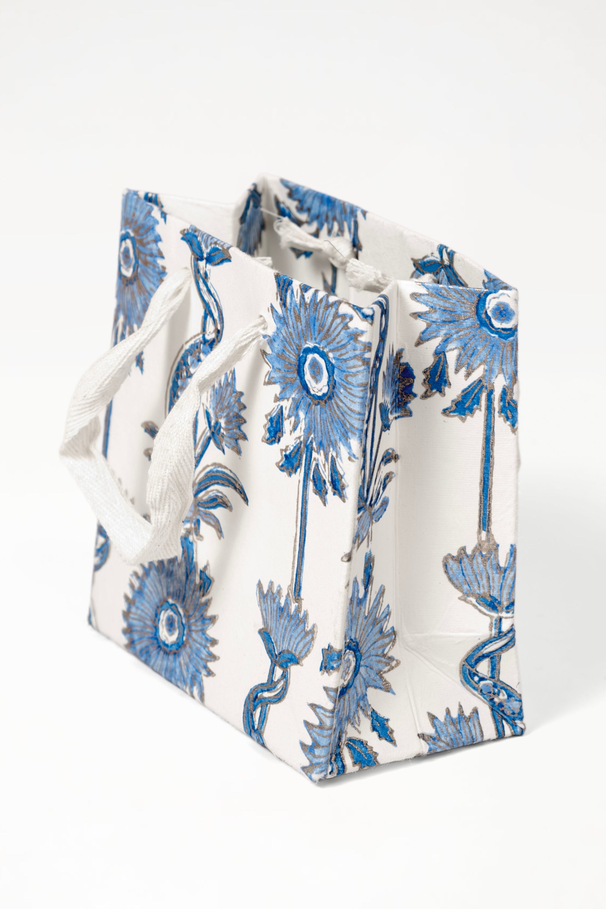 Blue floral vines blockprint gift bag with white handles from Inner Child