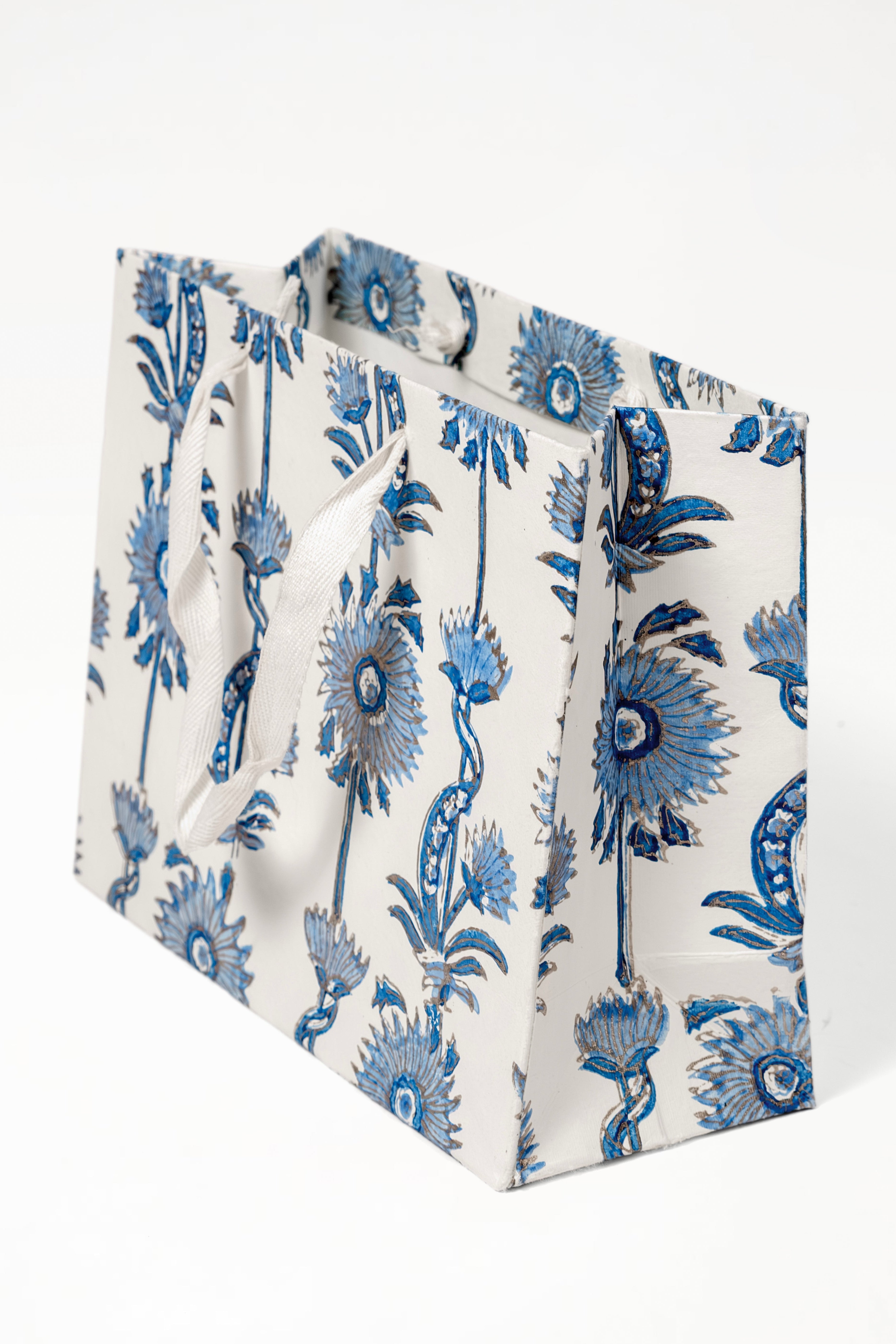 Blue floral vines blockprint gift bag with white handles from Inner Child
