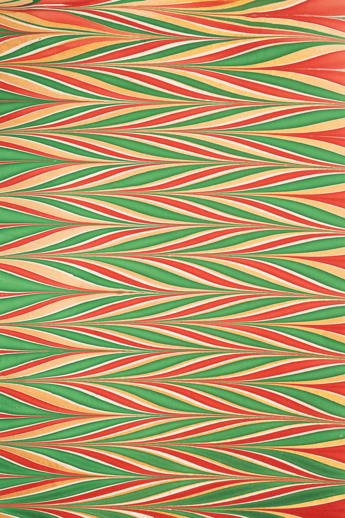 Hand marbled gilded holiday gift wrapping paper single sheet with red green gold wavy stripe pattern
