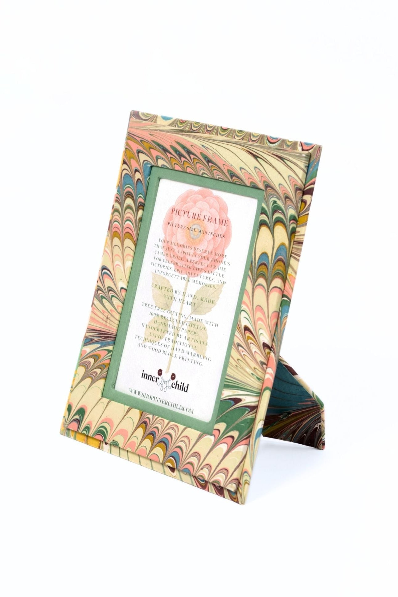 Inner Child's hand-marbled 4x6 picture frame with soft pink, blue, beige feather patterns