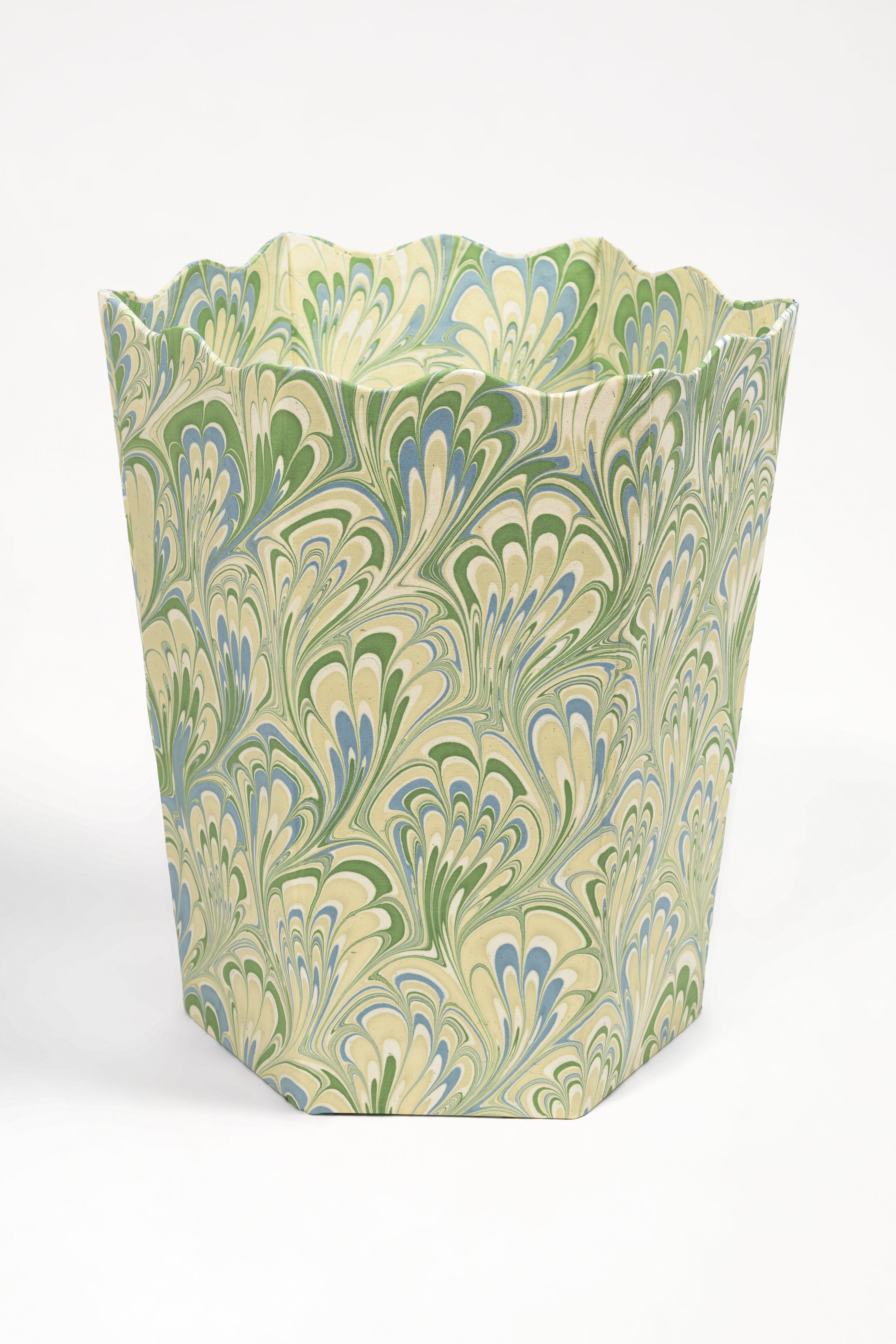 Inner Child hand-marbled scallop waste bin seaglass peacock