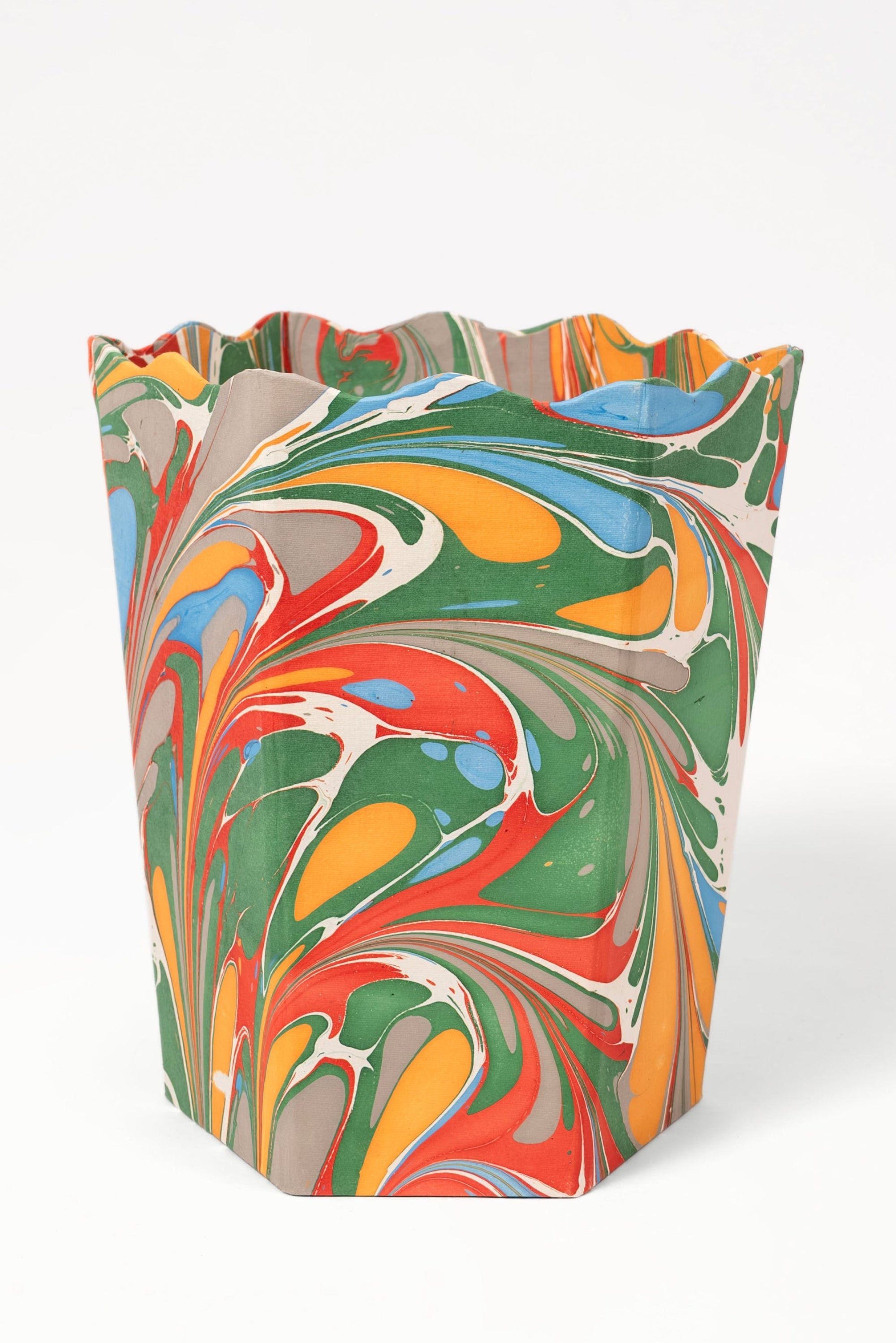 Hand-marbled scallop waste bin in Marais style with colorful swirling patterns