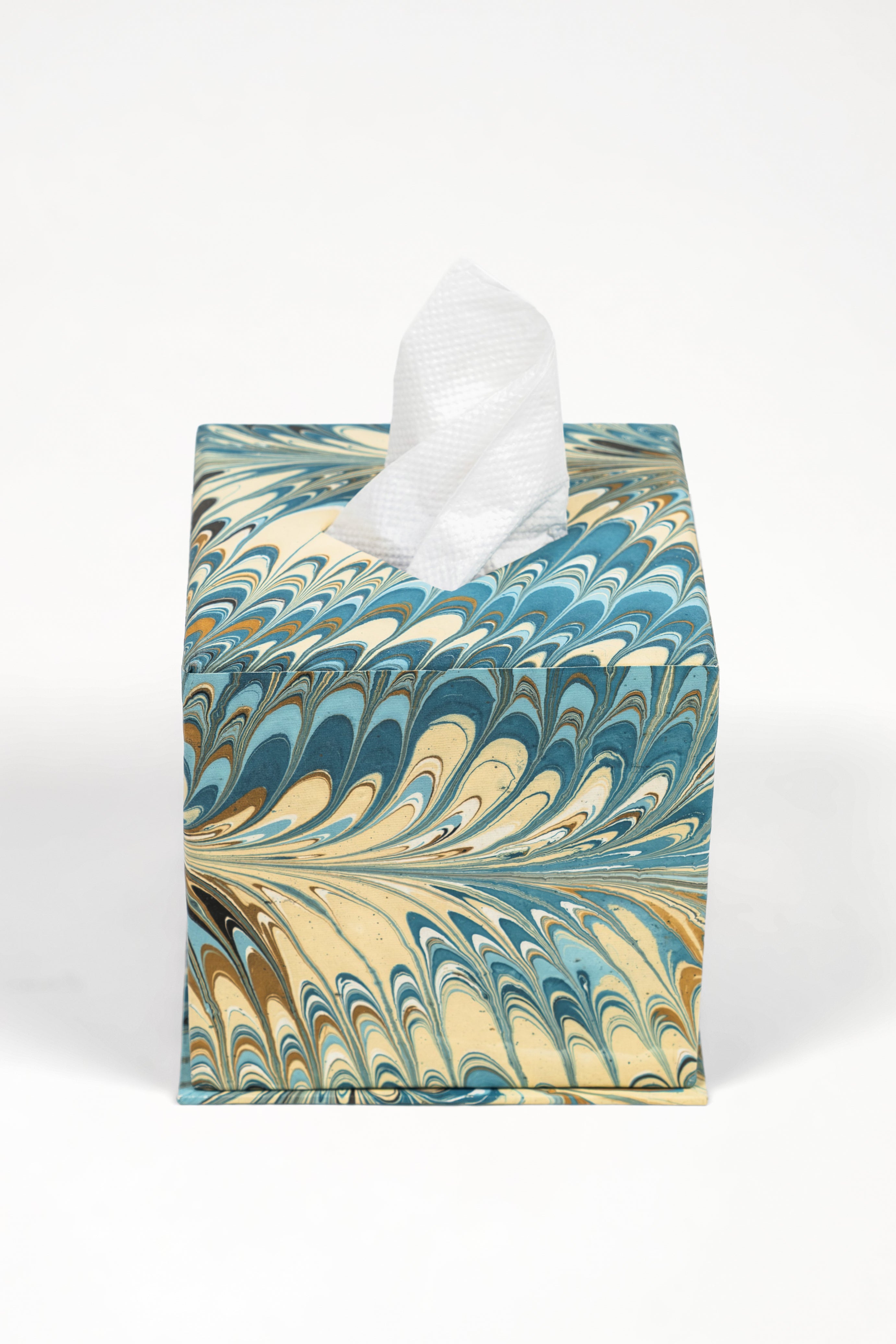 Hand-marbled tissue box cover with blue, beige, brown marbling patterns