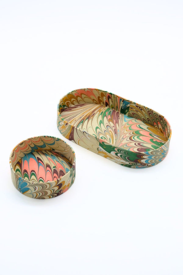 Nesting hand-marbled oval desk tray set with flatiron feathers marbling