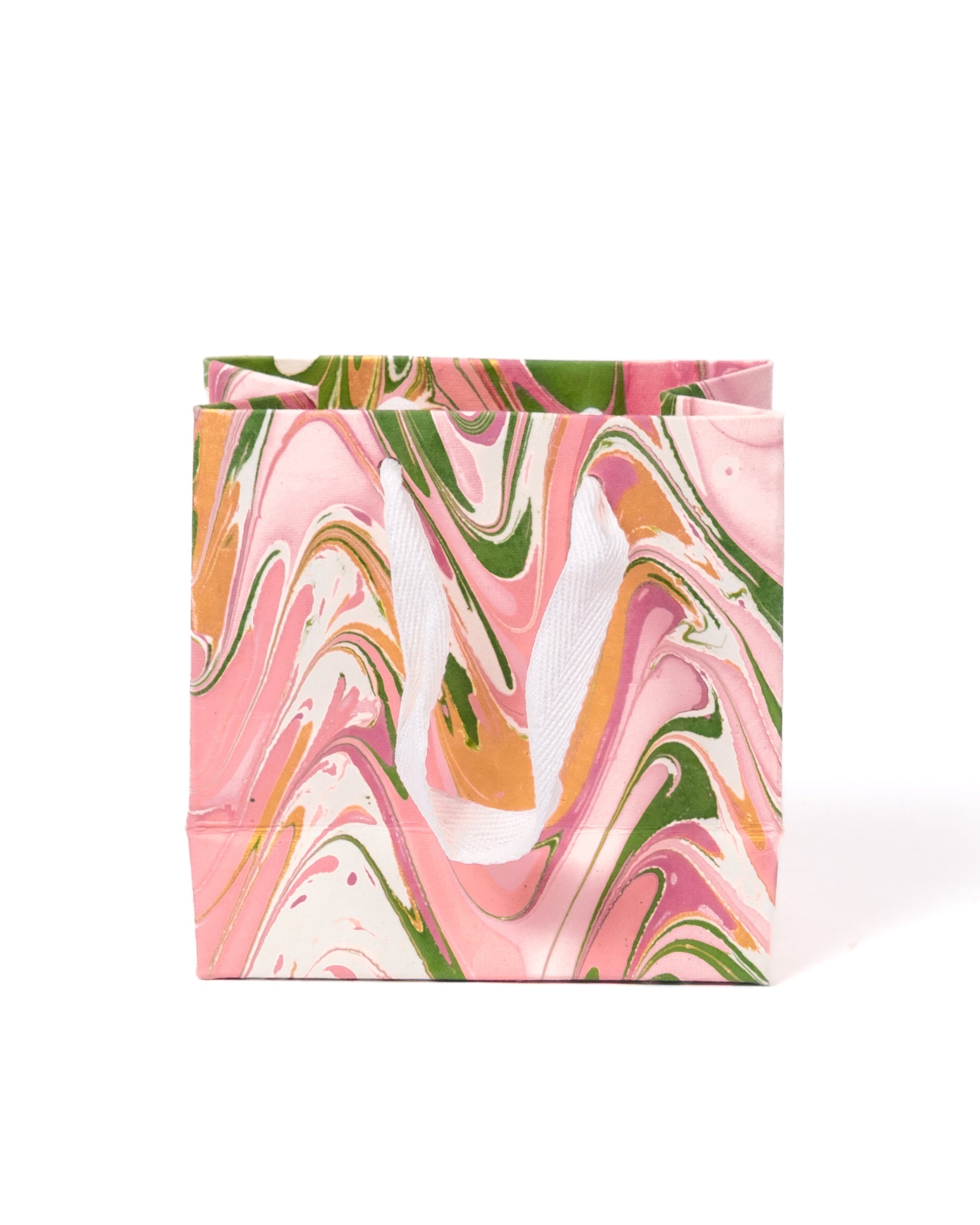 Pink-green-orange hand marbled peony bloom gift bag with white rope handles