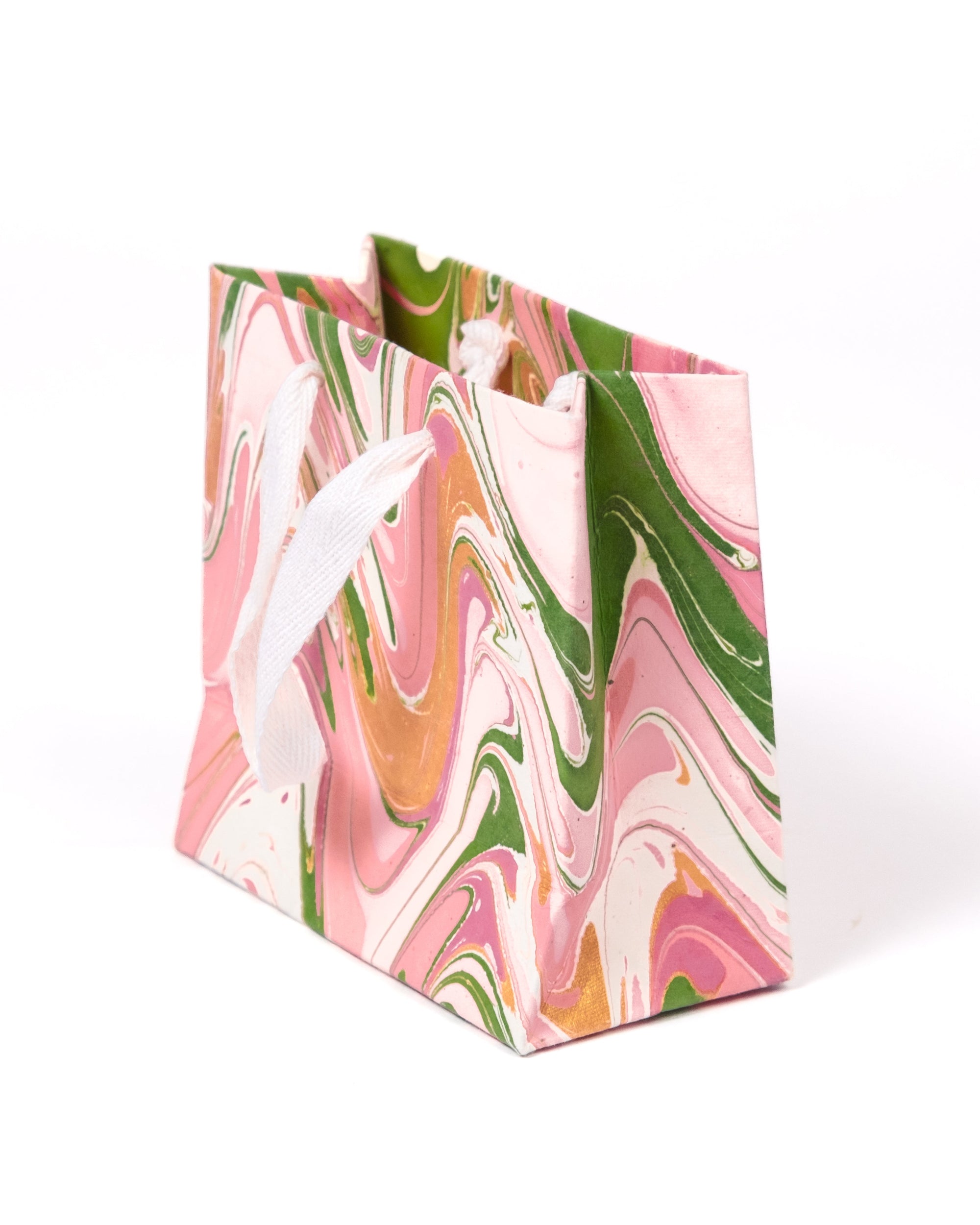 Pink-green-orange hand marbled peony bloom gift bag with white handles