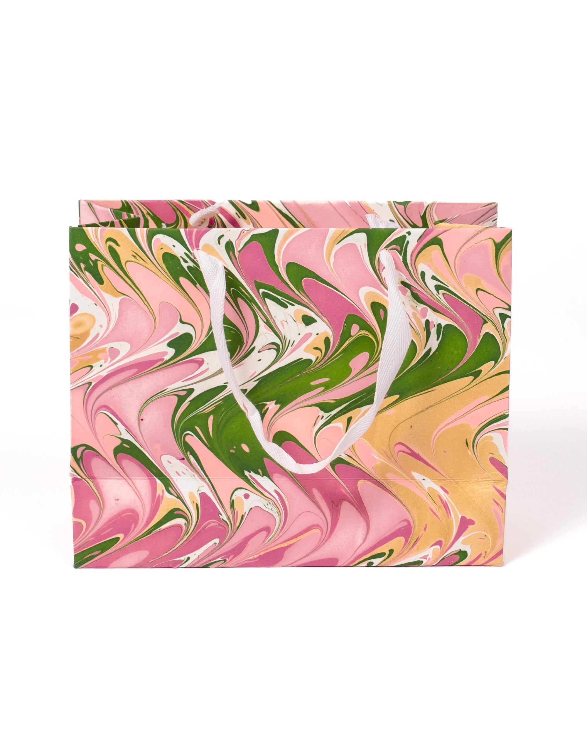 Peony Bloom hand-marbled gift bag with pink, green, gold swirls and white handles