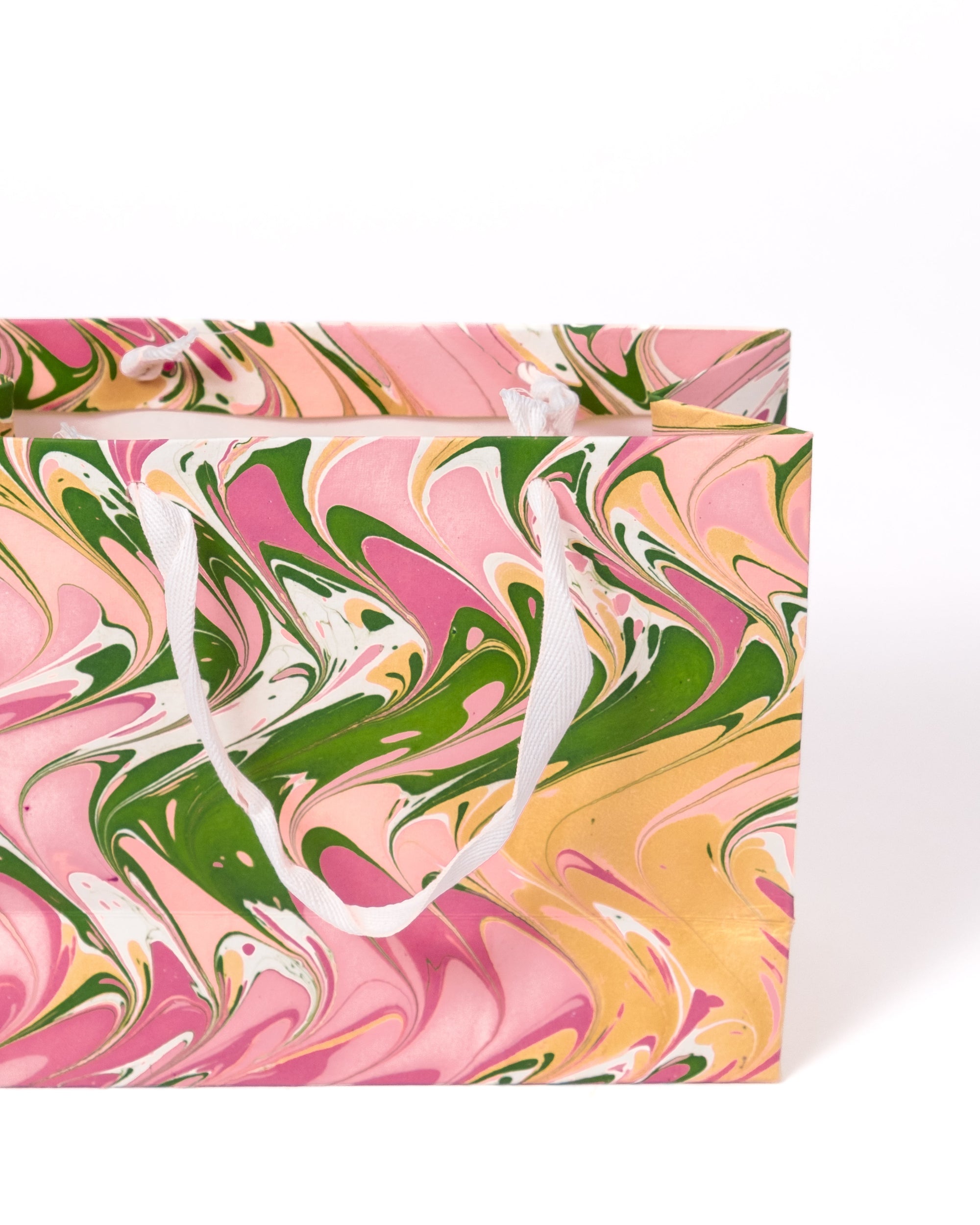 Peony Bloom hand-marbled gift bag with pink, green, gold marbling and white rope handles