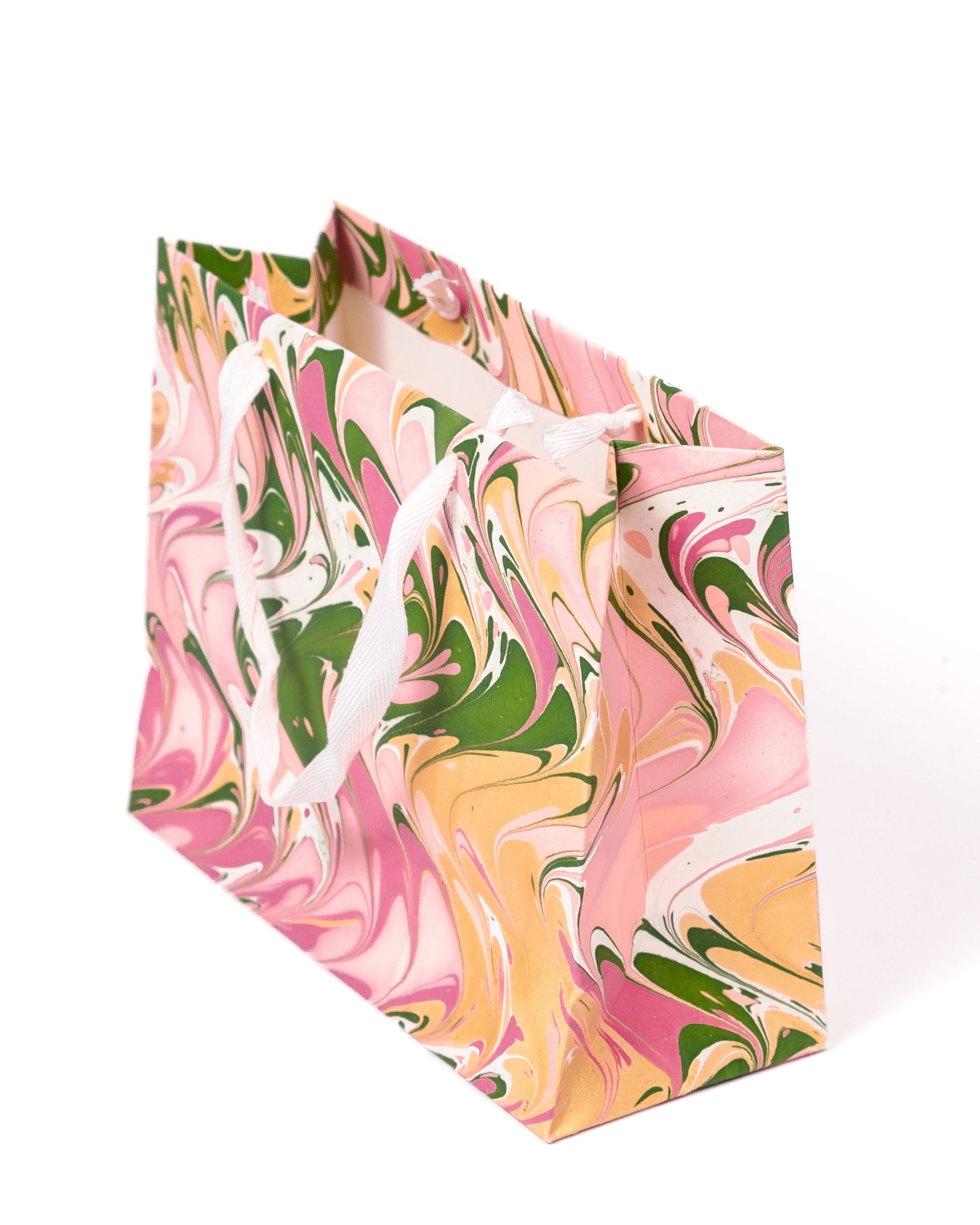 Peony Bloom hand-marbled gift bag with pink, green, gold marbling and white rope handles