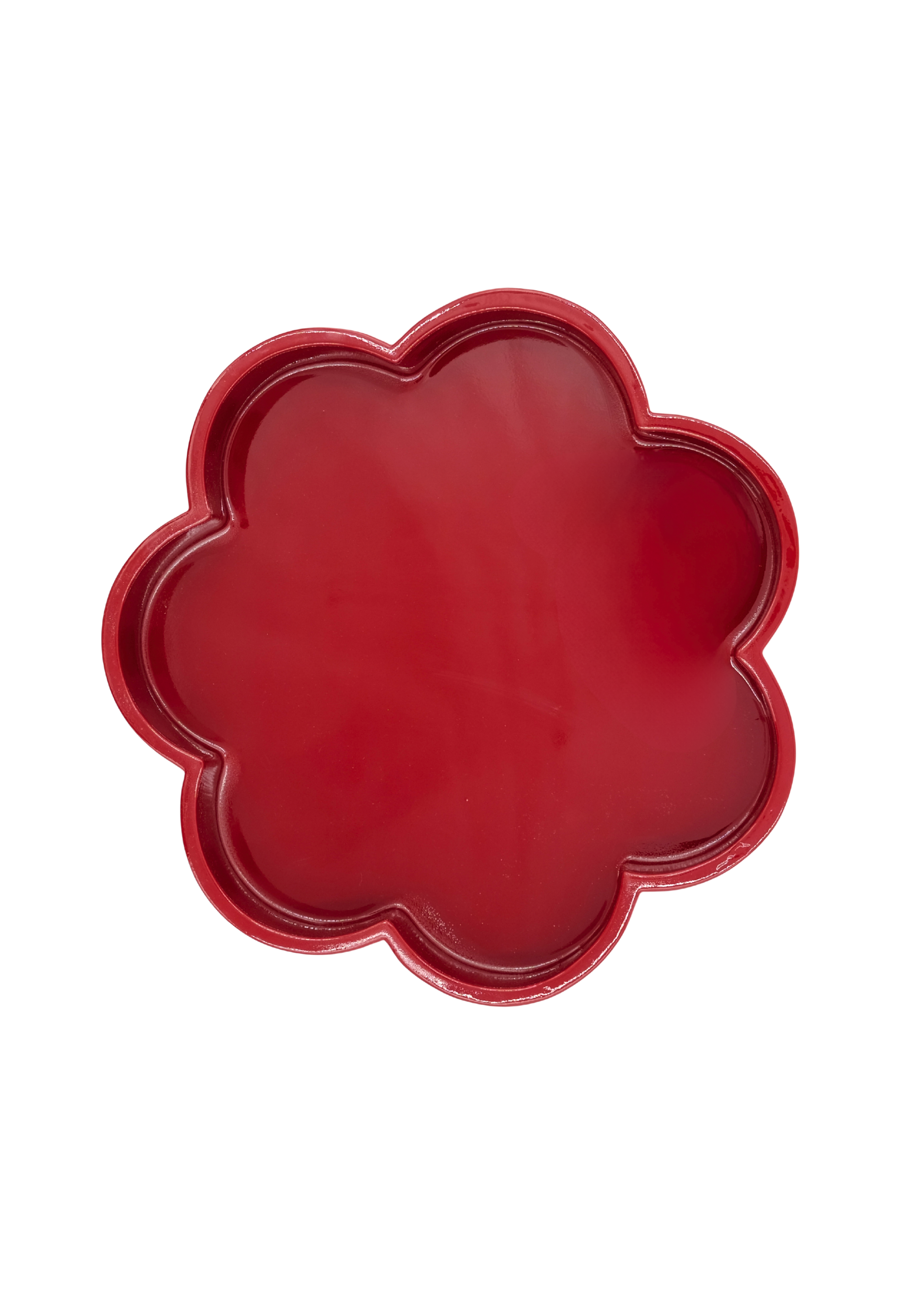Top-down view of red flower-shaped lacquerware tray