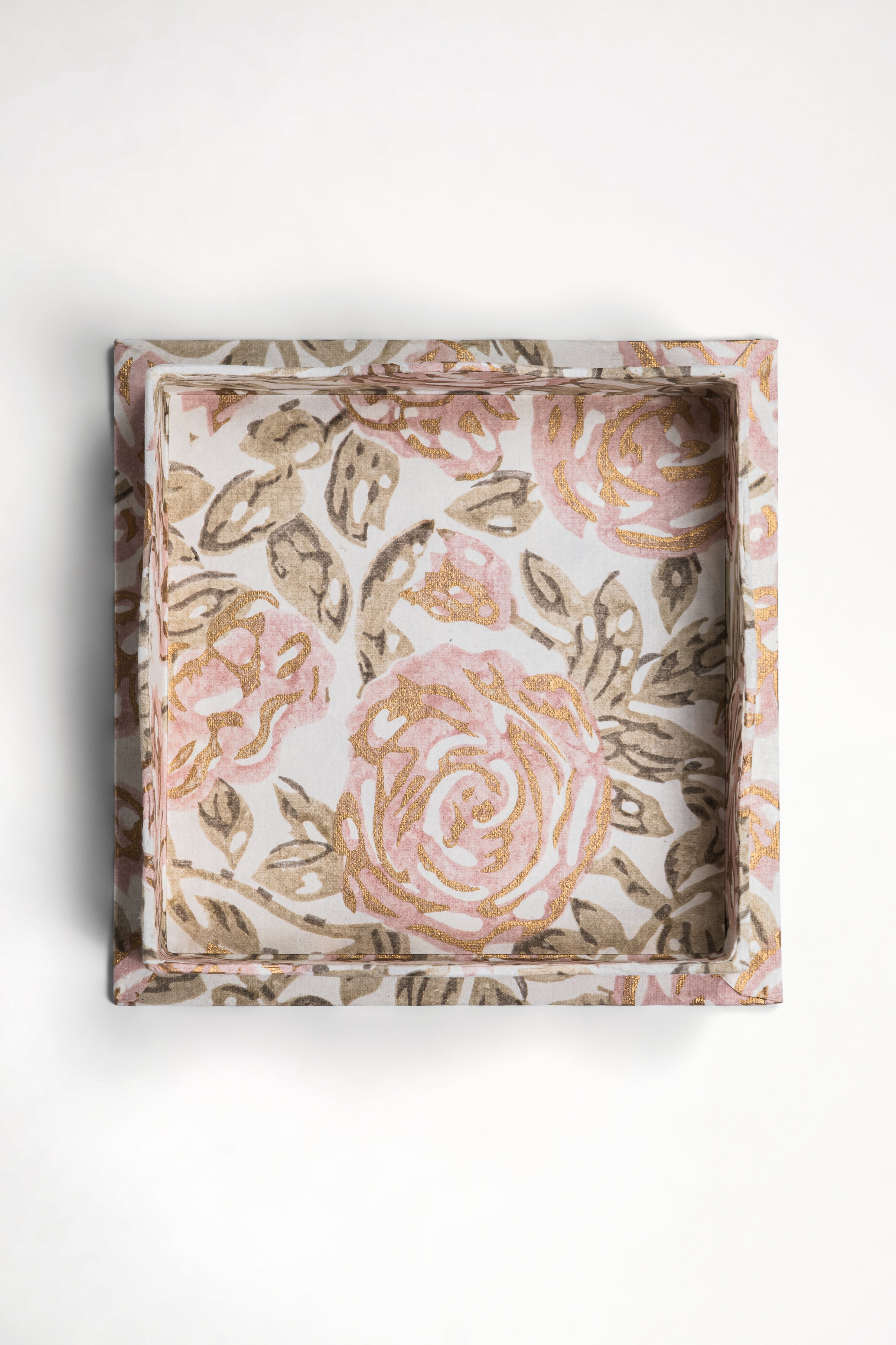 Inner Child nesting scalloped blockprint rose garden fabric tray top view