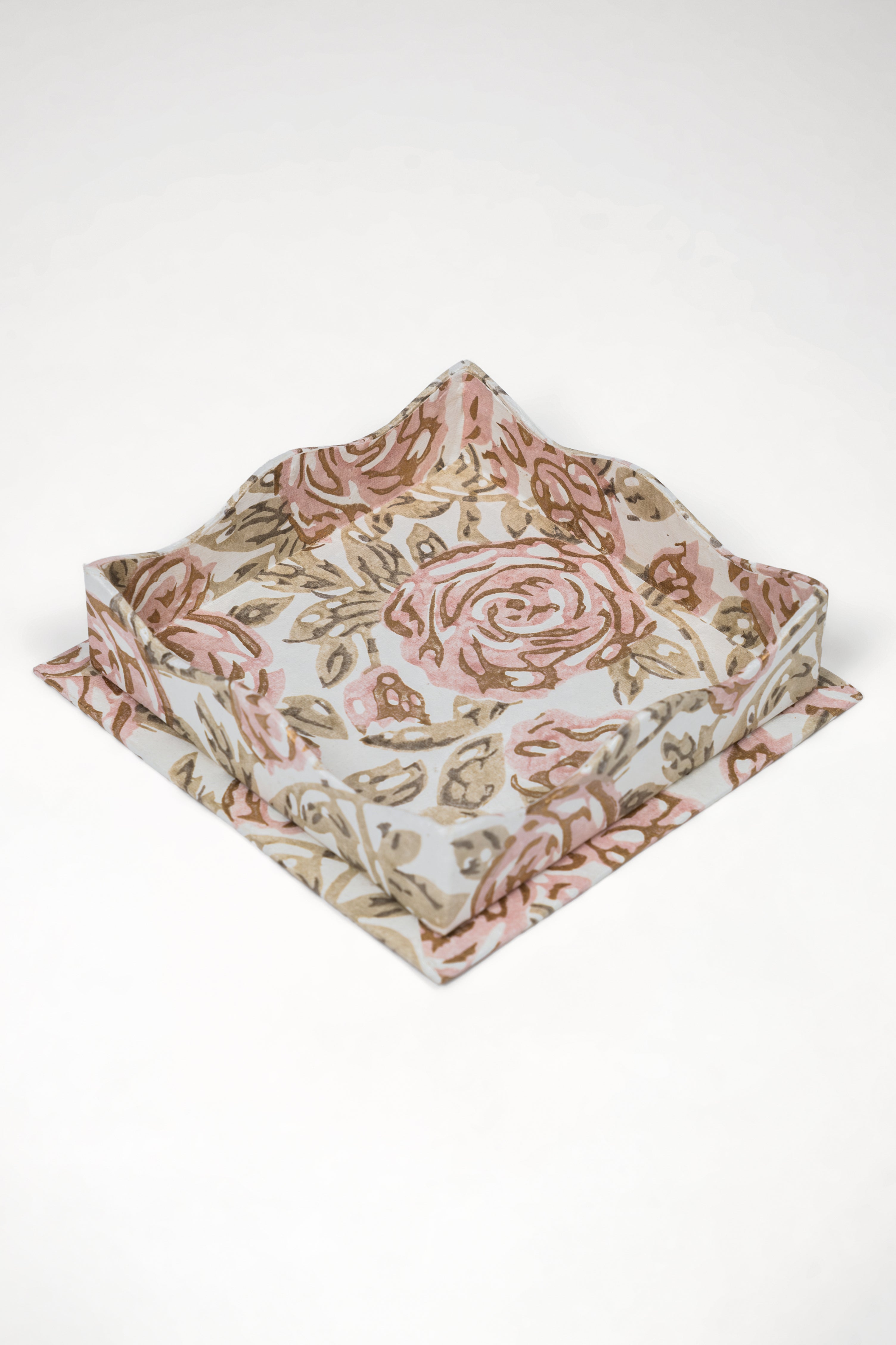 Inner Child nesting scalloped blockprint rose garden fabric trays set