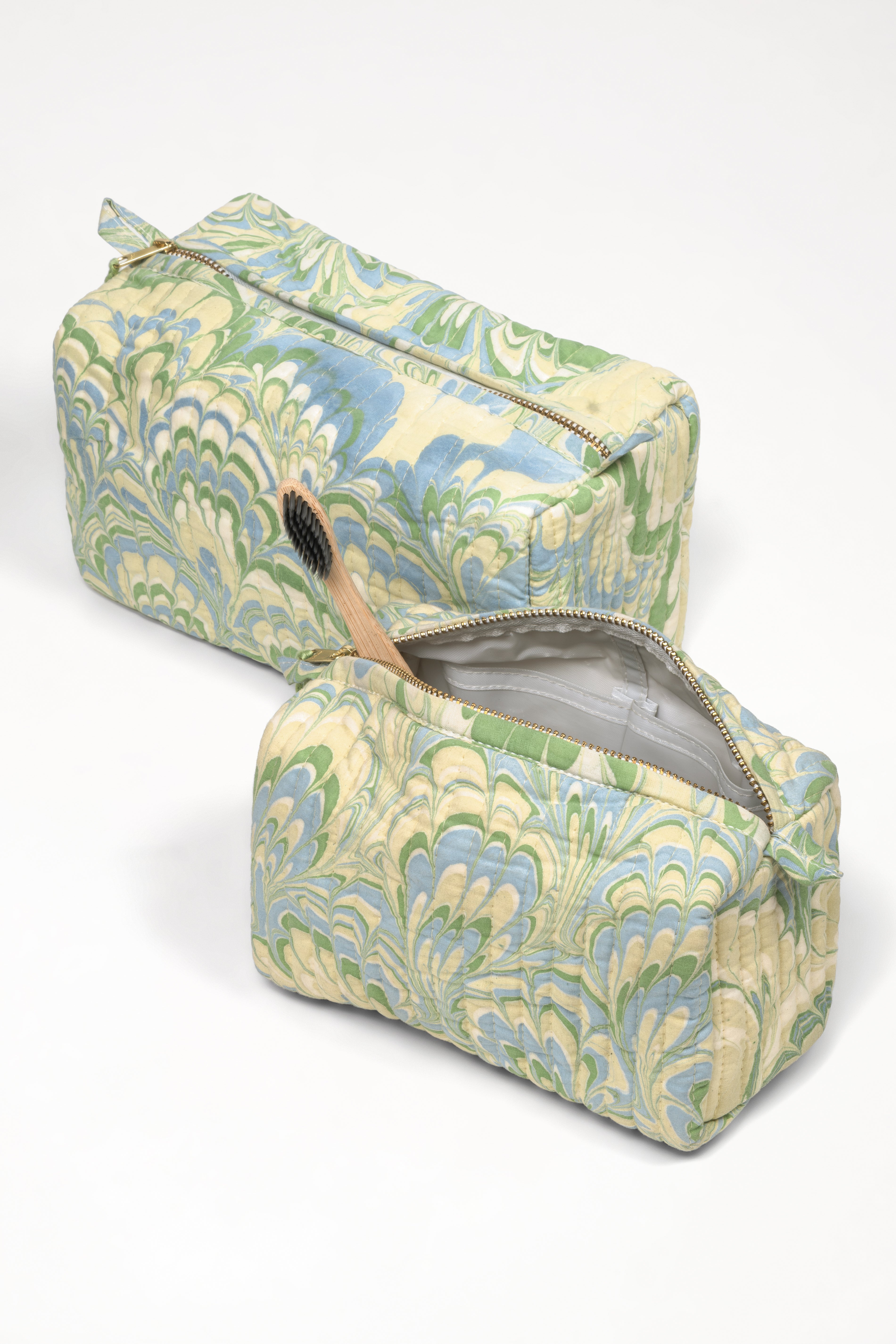 Seaglass peacock hand-marbled cosmetic bags with zipper and toothbrush - Inner Child