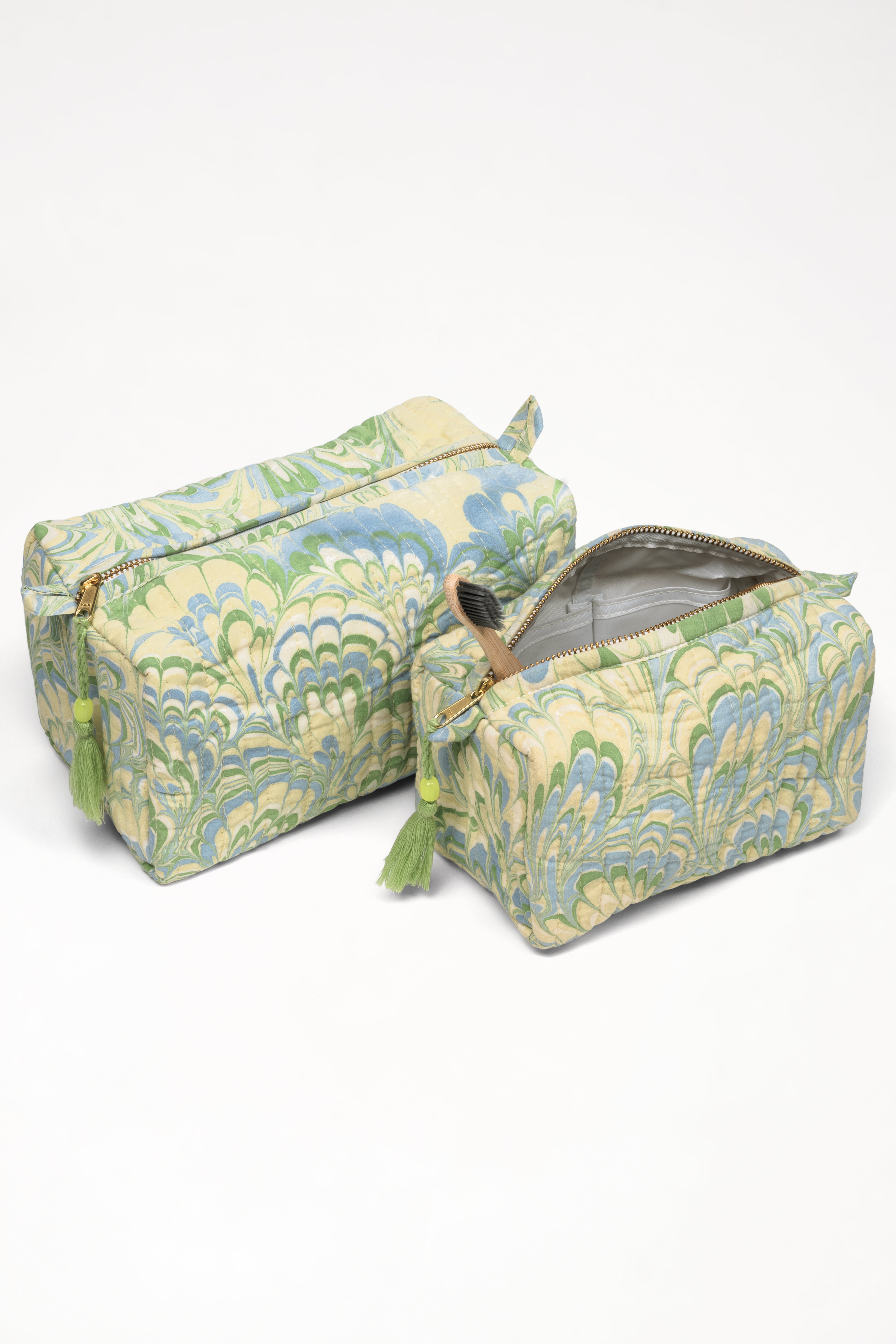 Hand-marbled seaglass peacock cosmetic bags with tassel zipper pulls - Inner Child