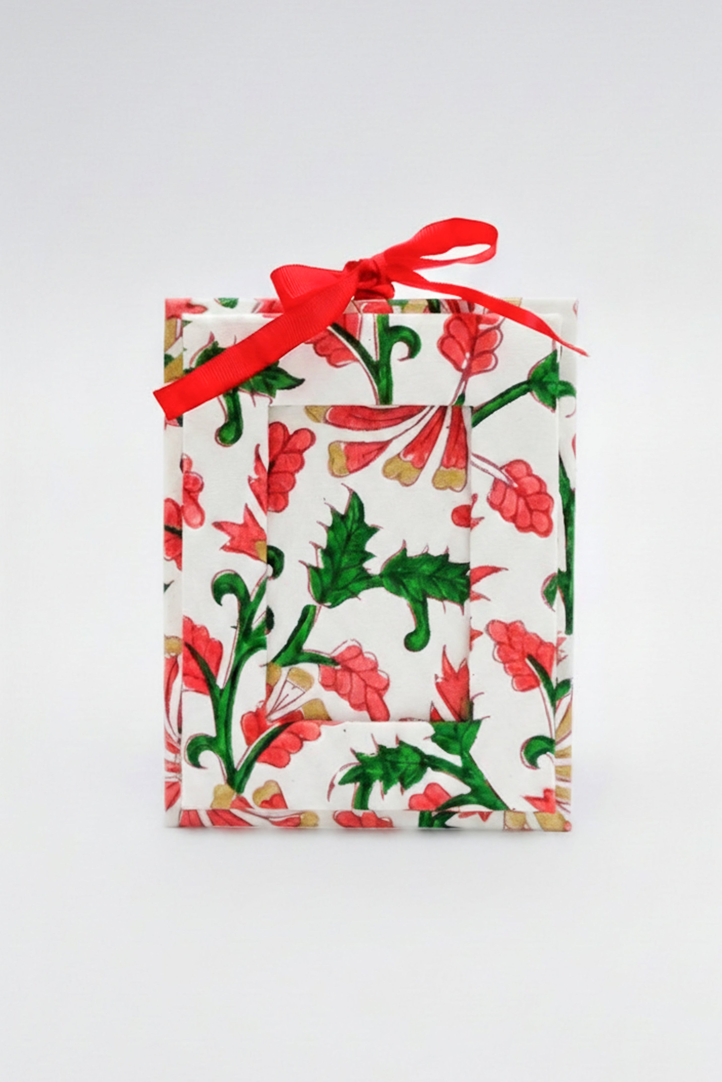 Mini jungle bloom blockprint picture frame ornament with red ribbon