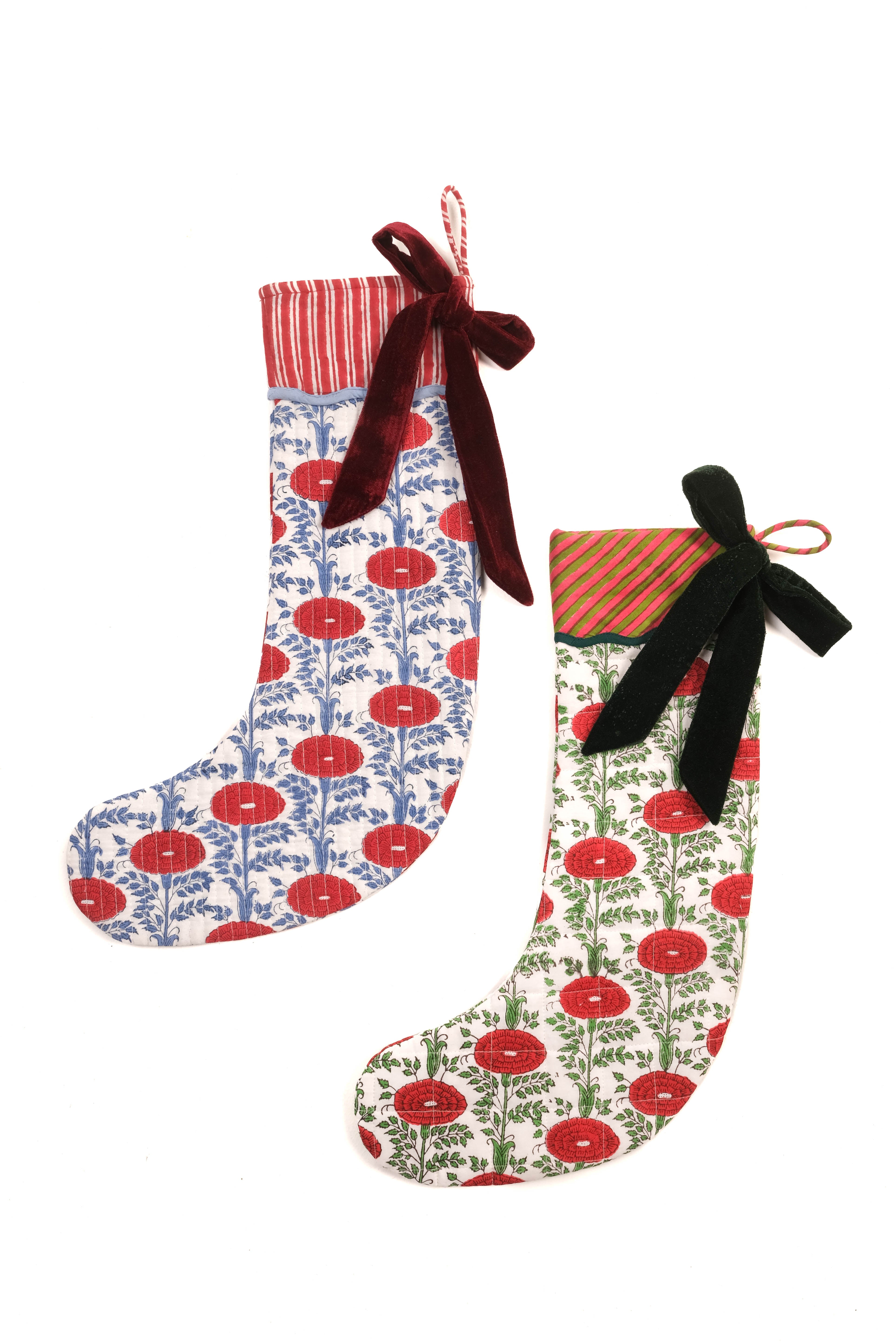 Inner Child two Araminta Red/Green blockprint Christmas stockings