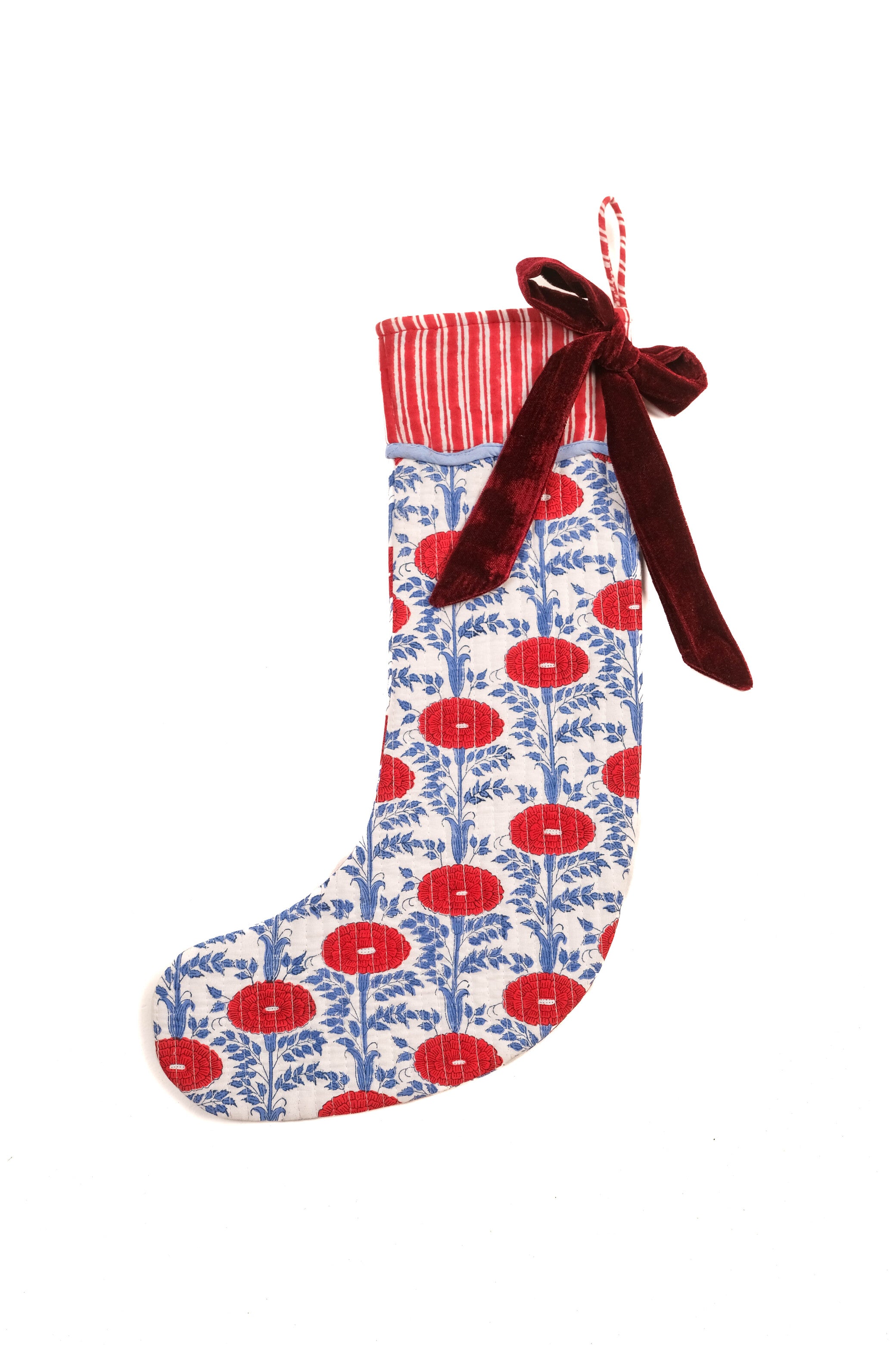 Inner Child Araminta Red blockprint stocking with red flowers and blue foliage