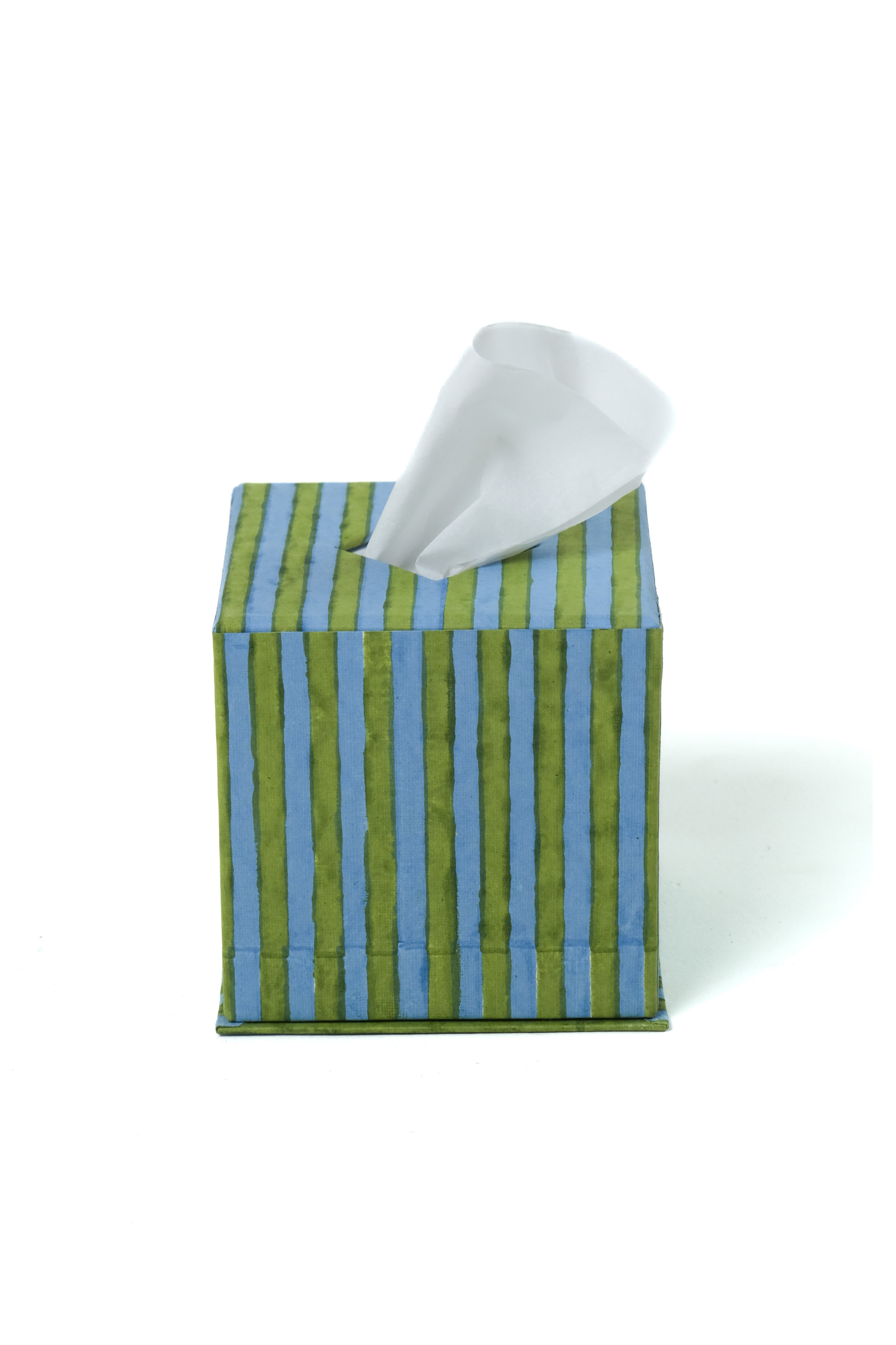 Green and blue striped blockprint tissue box cover with tissue