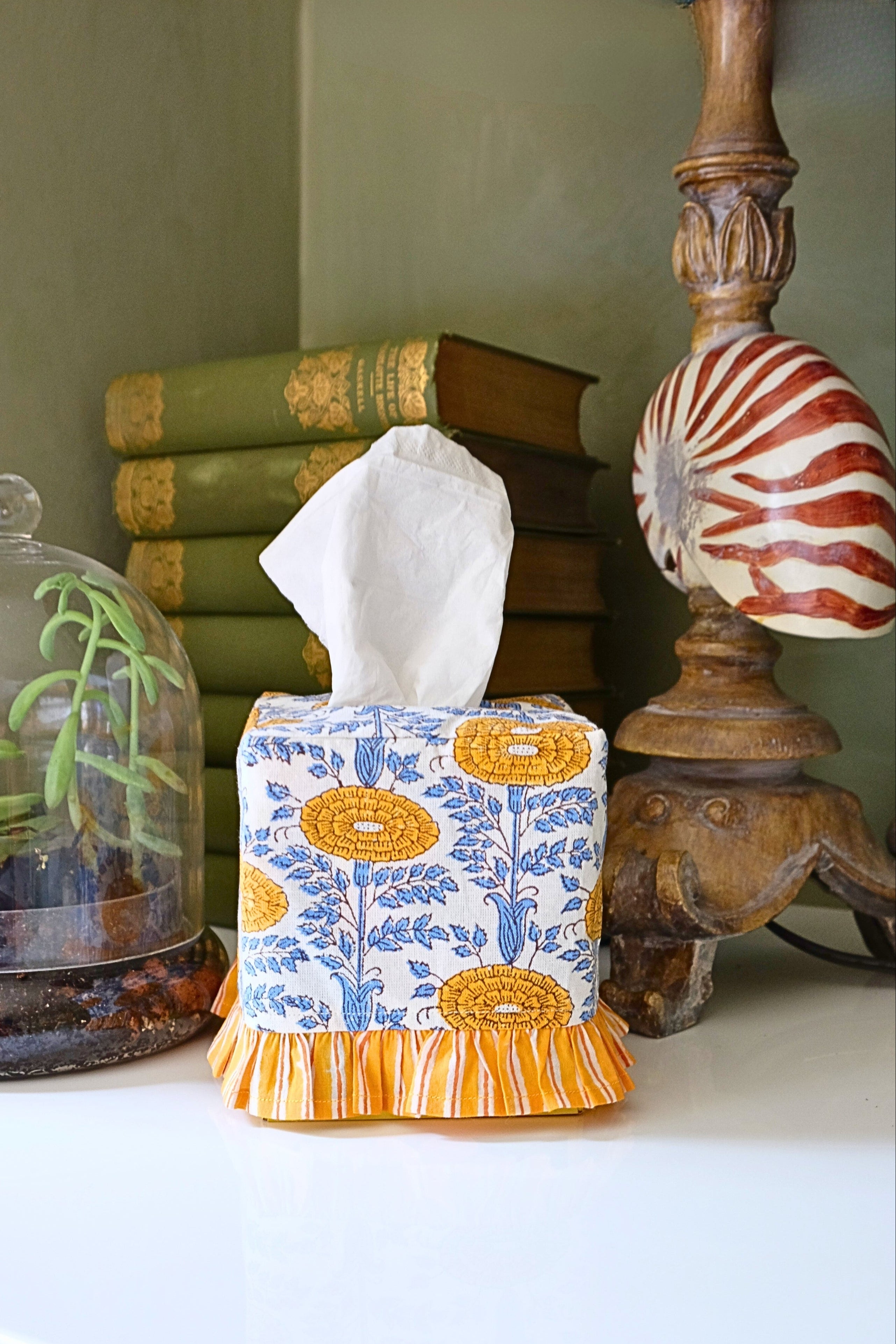 Inner Child Araminta Yellow Blockprint ruffled tissue box cover with floral design