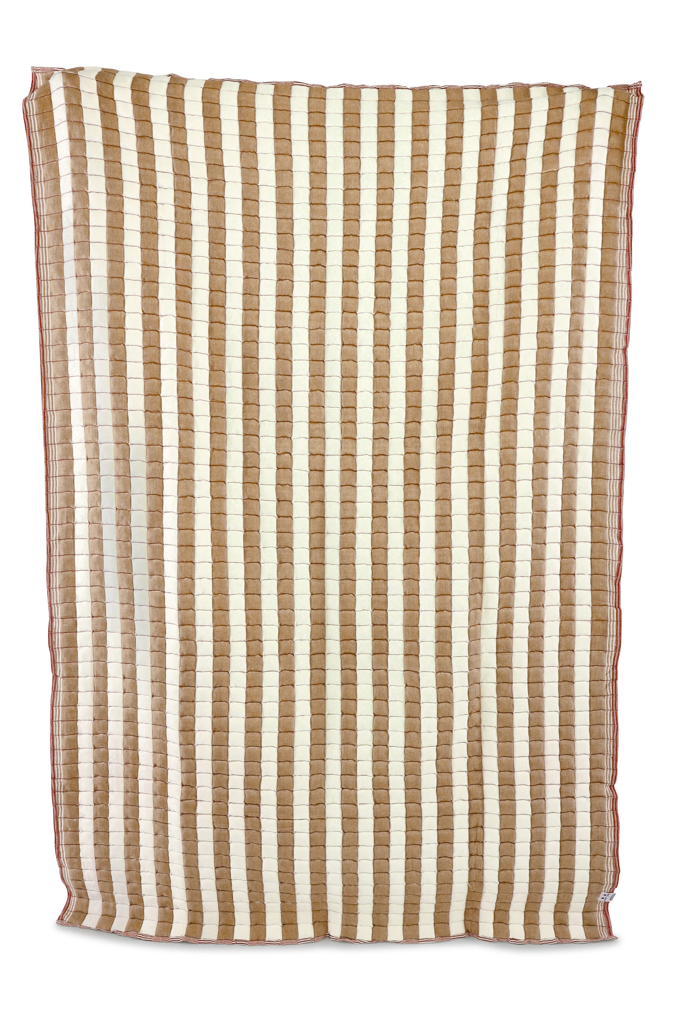 Beige and white reversible sujani quilt with vertical striped pattern