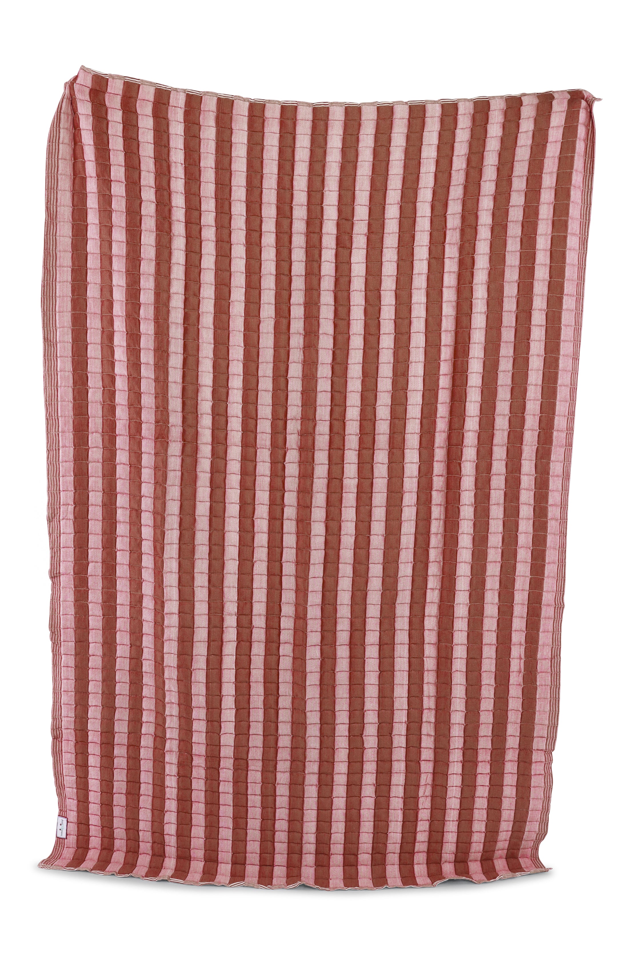 Warm taupe and dusty pink reversible sujani quilt with vertical striped pattern
