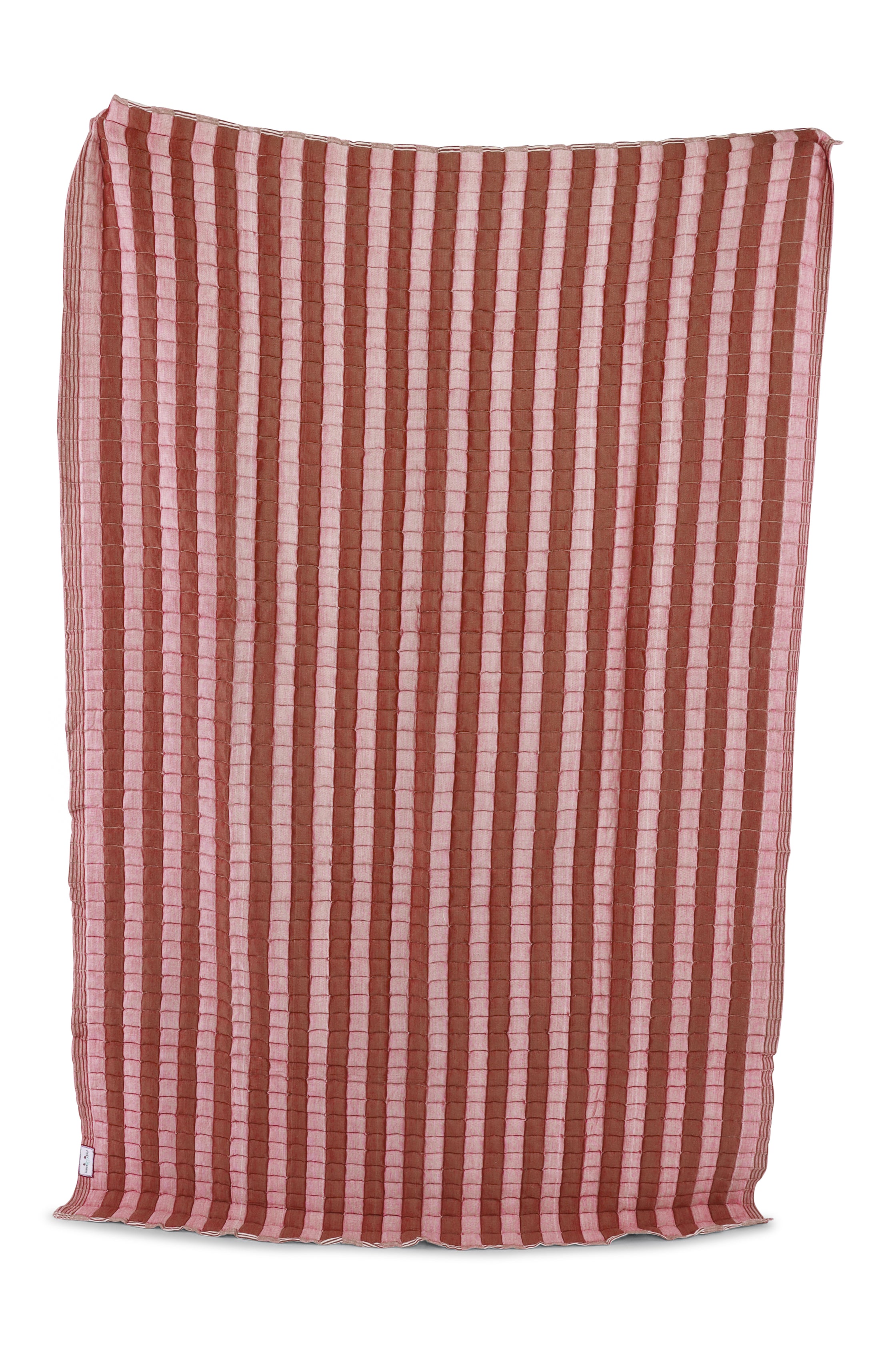 Warm taupe and dusty pink reversible sujani quilt with vertical striped pattern