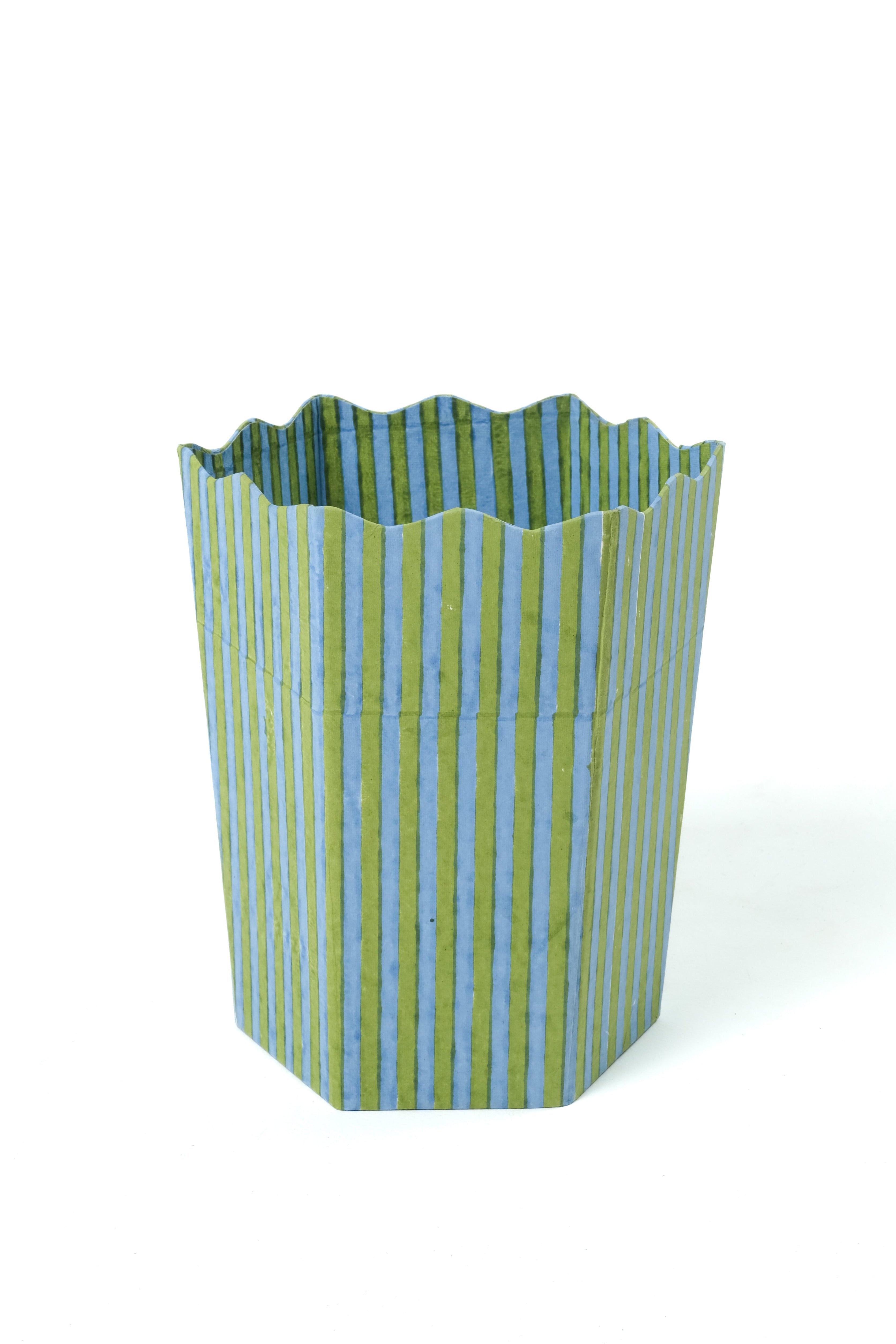 Blockprint scallop waste bin with green and blue striped pattern - Inner Child