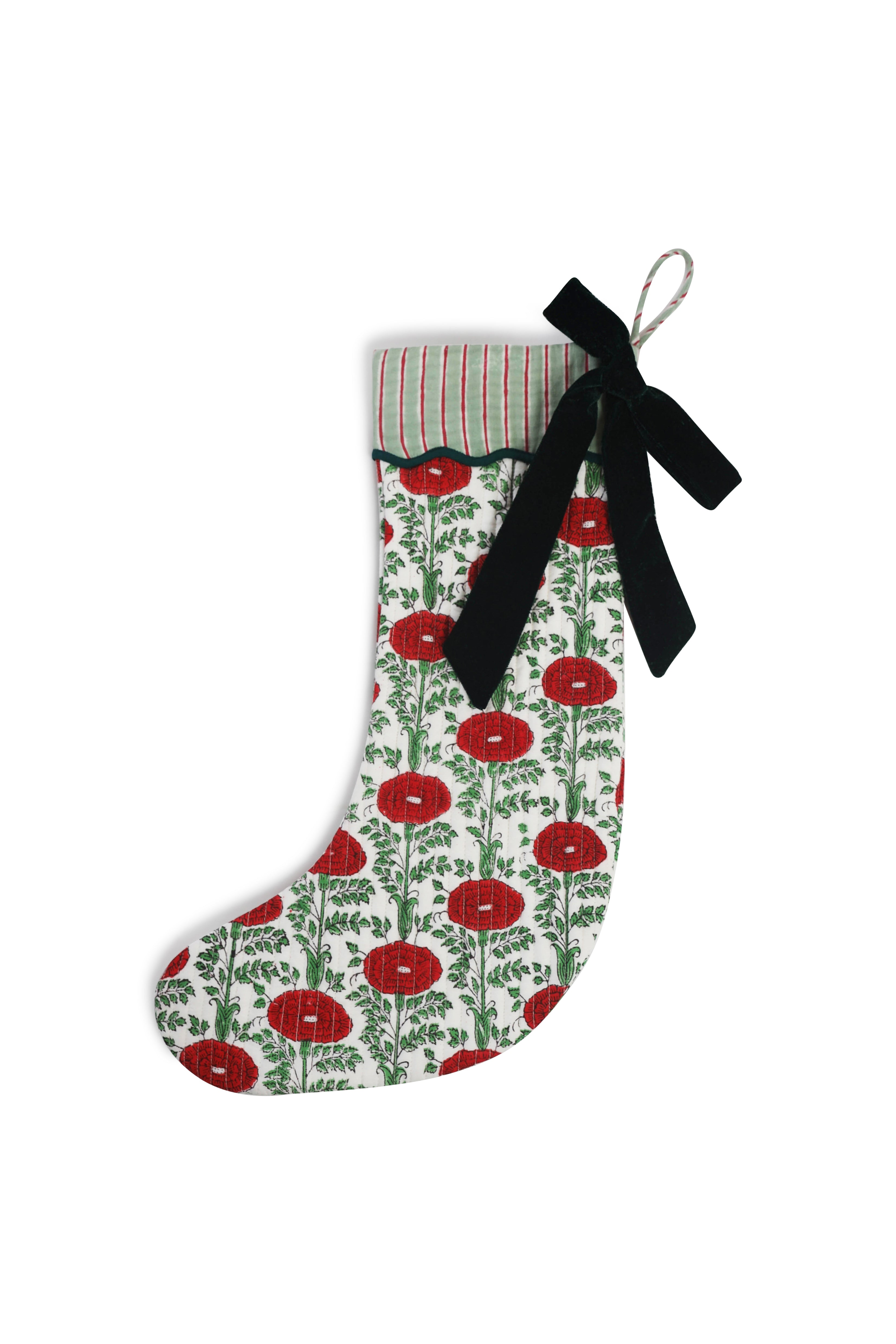 Inner Child Araminta Green blockprint stocking with red floral pattern and green foliage