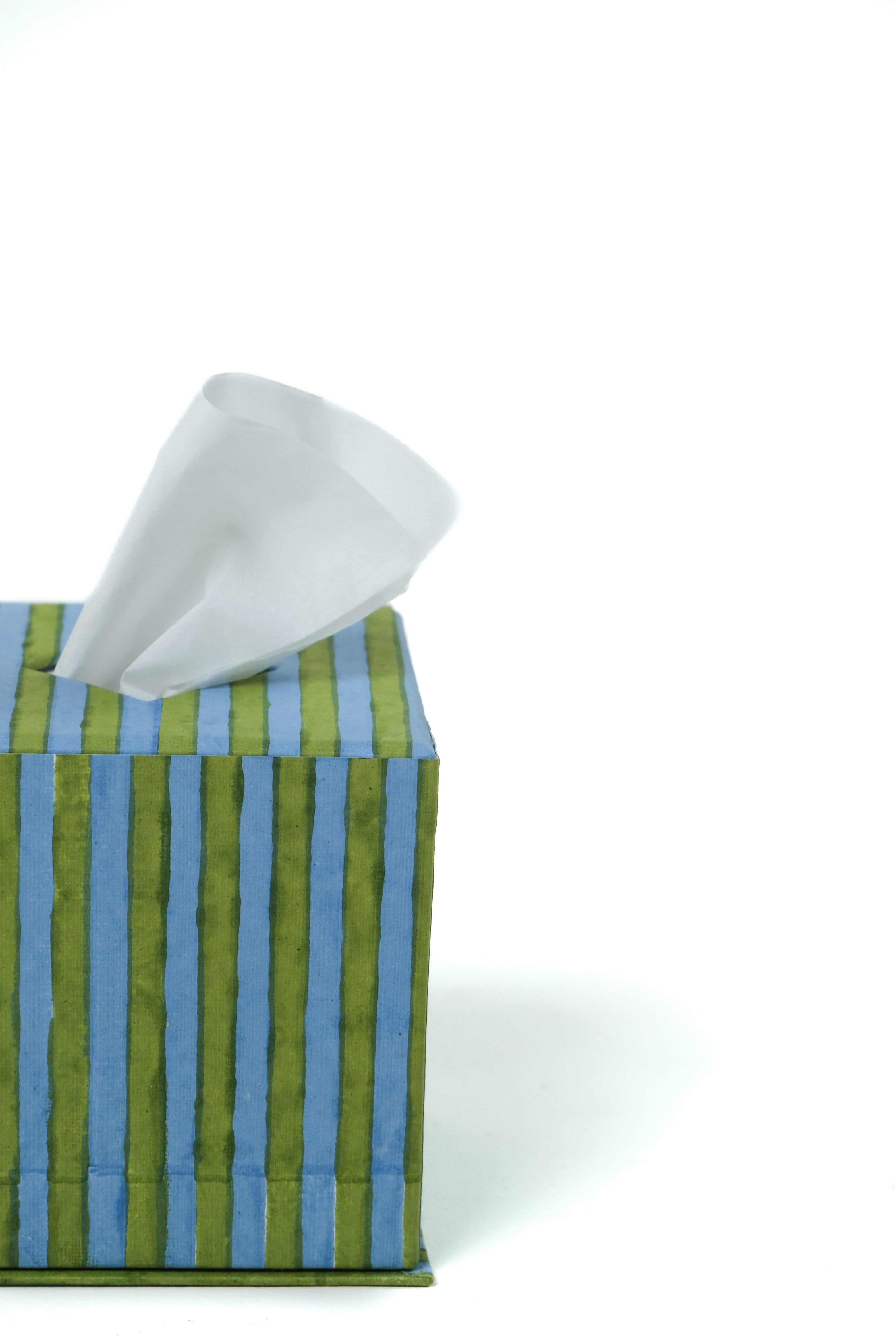 Green and blue striped blockprint tissue box cover with tissue, side view