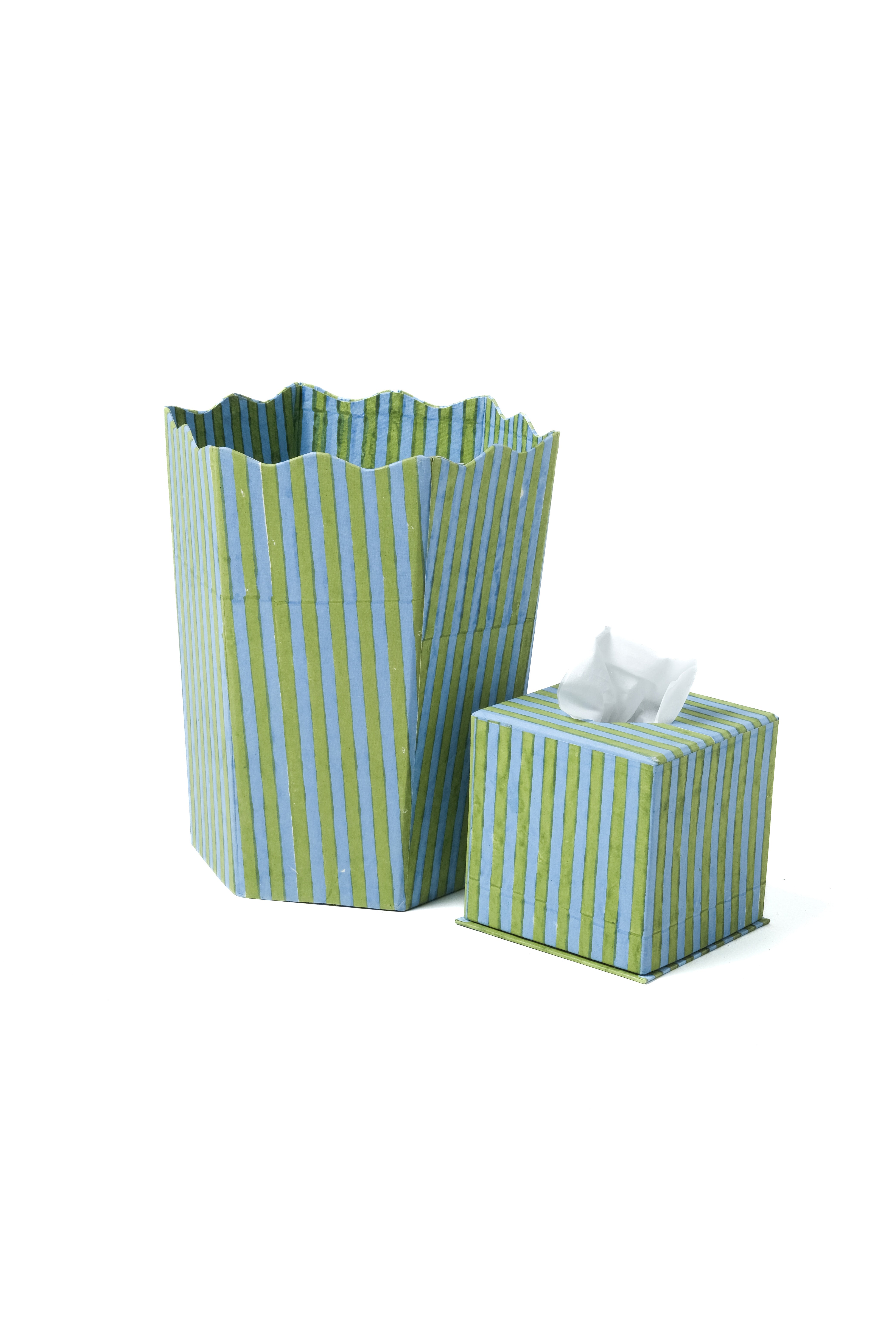 Green and blue striped blockprint tissue box cover with matching decorative container