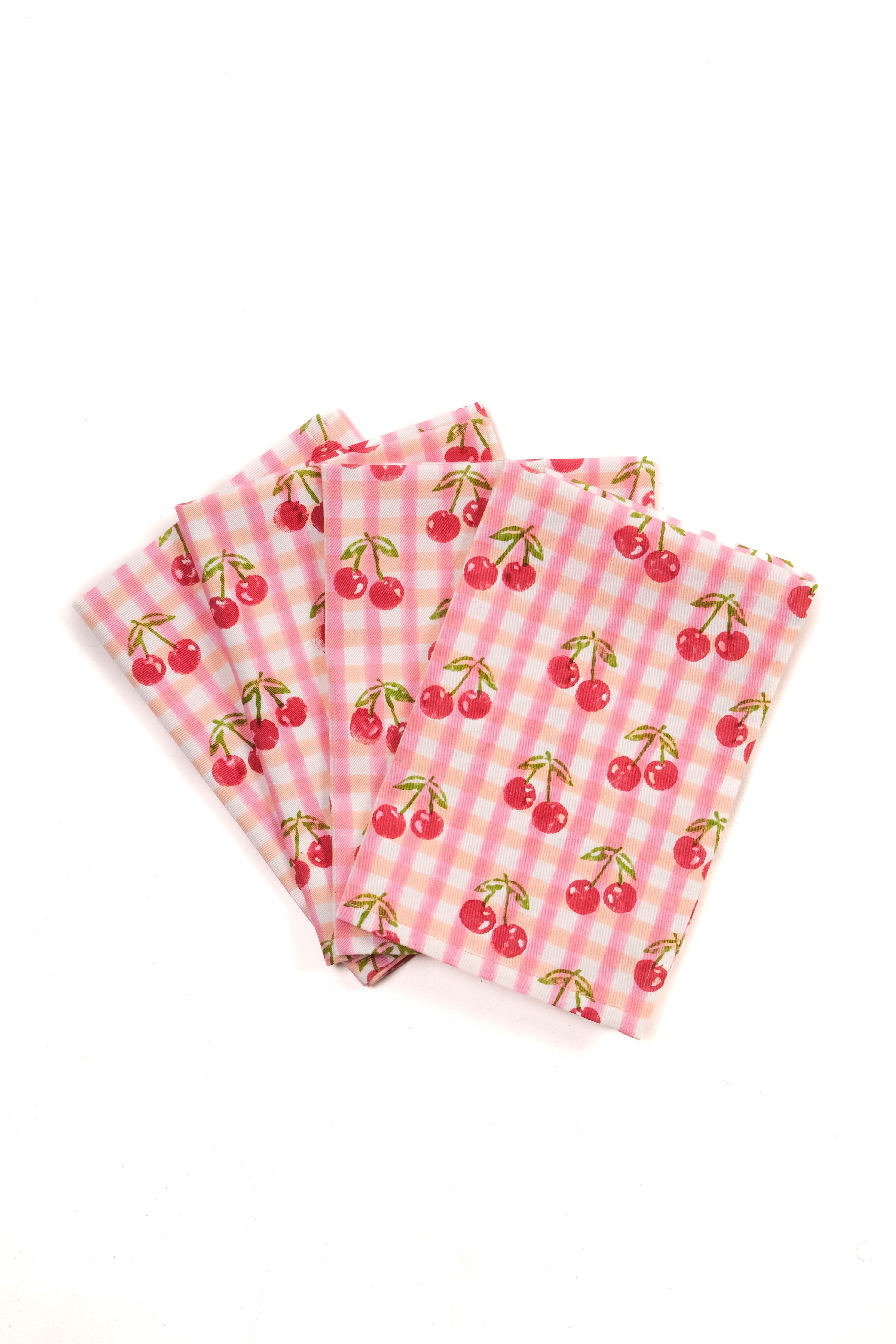 Cherry blockprint napkins in red gingham pattern, set of 4