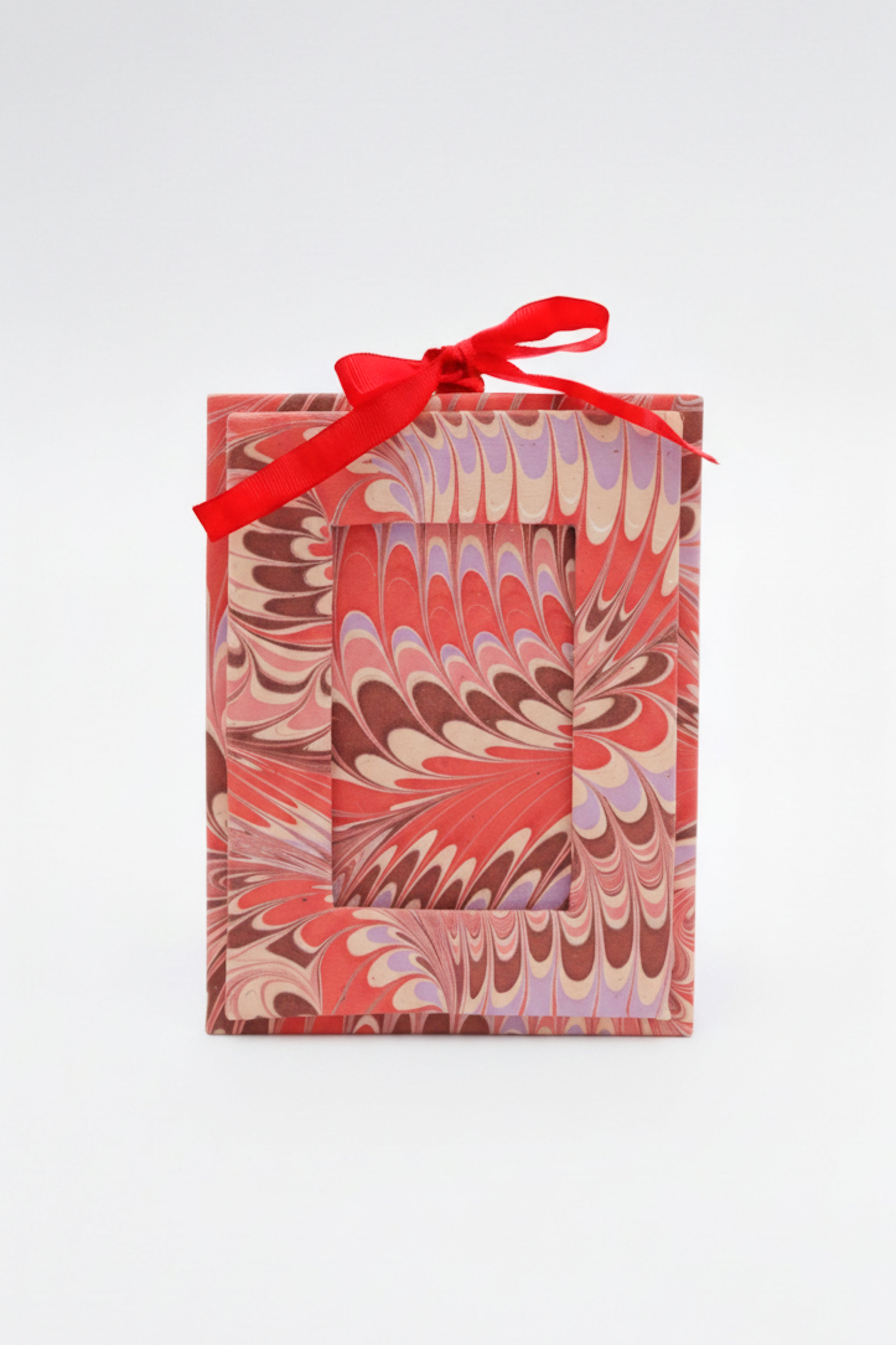 Hand-marbled mini picture frame ornament with red ribbon bow, florentine pink marbling patterns, Inner Child