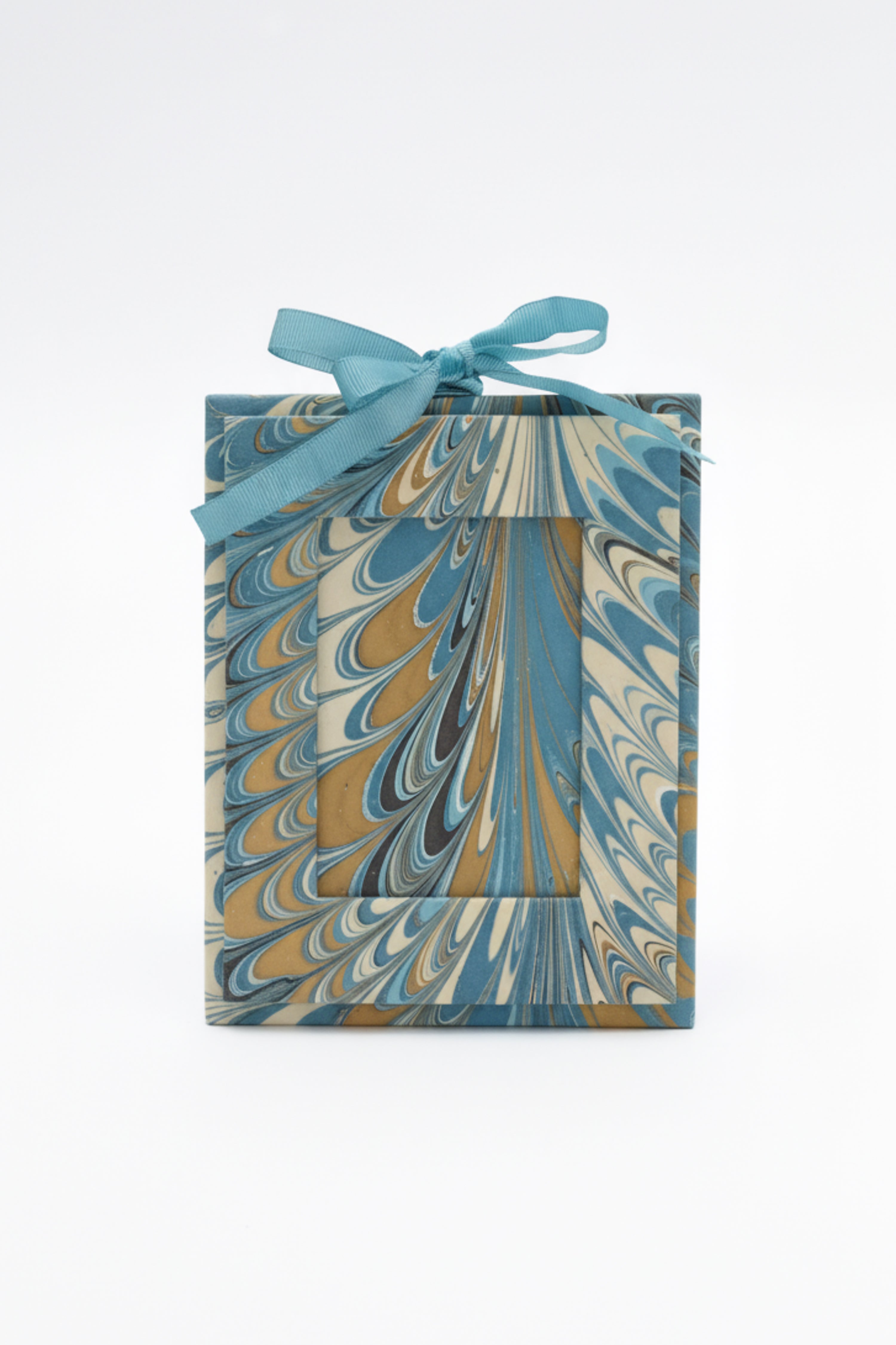Mini hand-marbled picture frame ornament with blue/gold/cream swirls, teal ribbon bow - Inner Child design