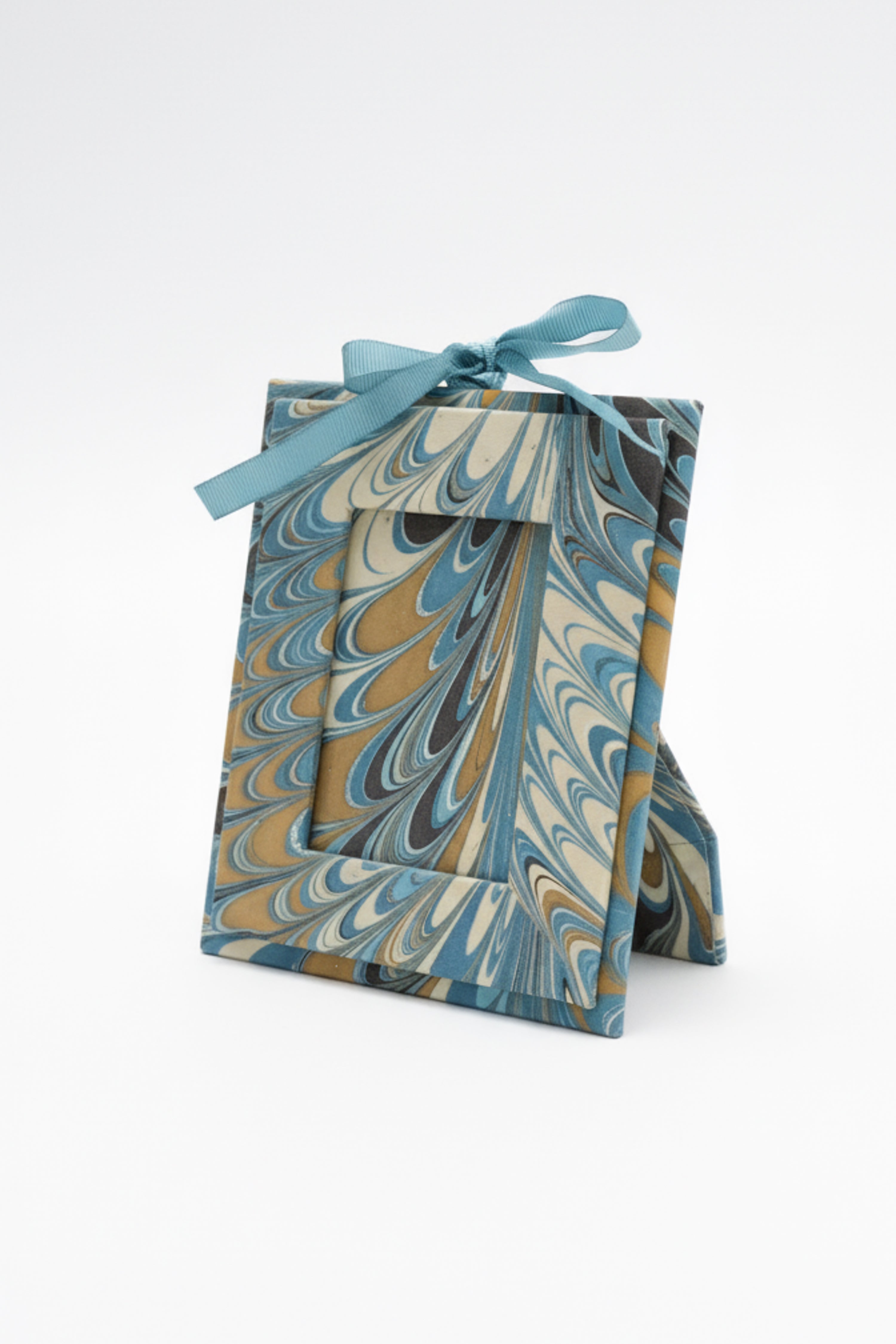 Mini hand-marbled picture frame ornament with blue/gold/cream swirls & teal ribbon - Inner Child