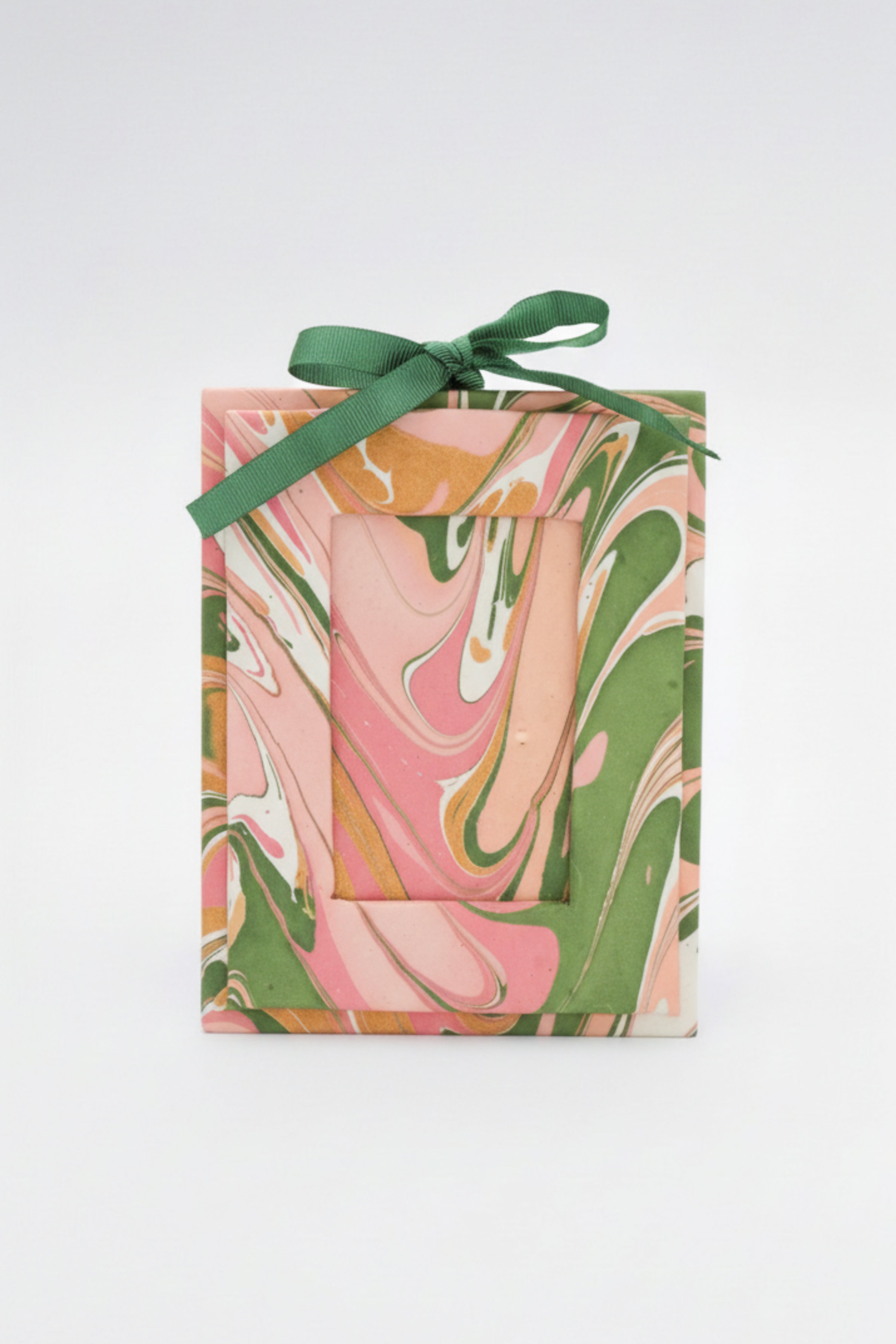 Mini hand-marbled peony bloom picture frame ornament with green ribbon