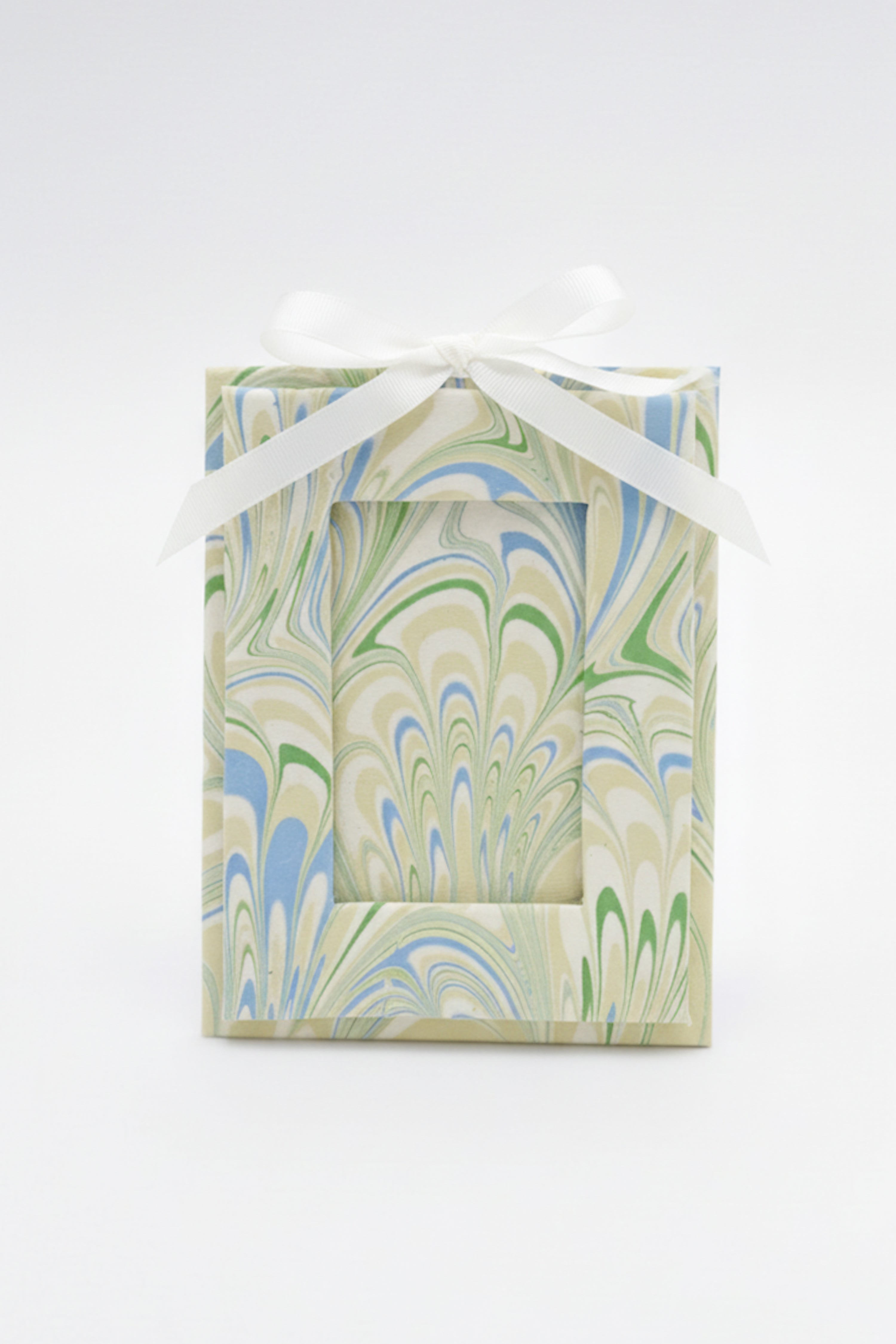 Mini hand-marbled seaglass peacock picture frame ornament with white ribbon