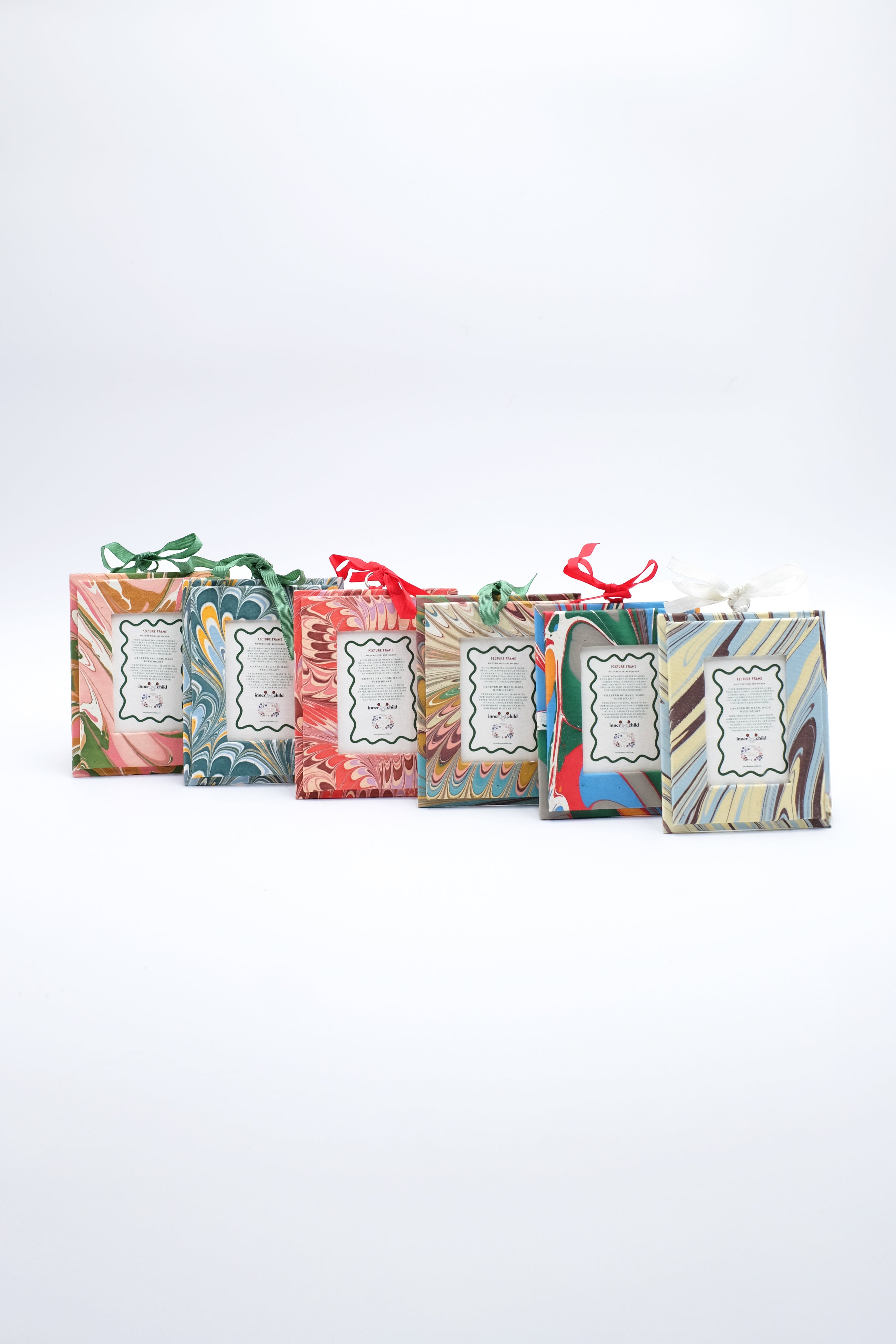 Mini hand-marbled picture frame ornaments with colorful marbling & ribbons, Inner Child