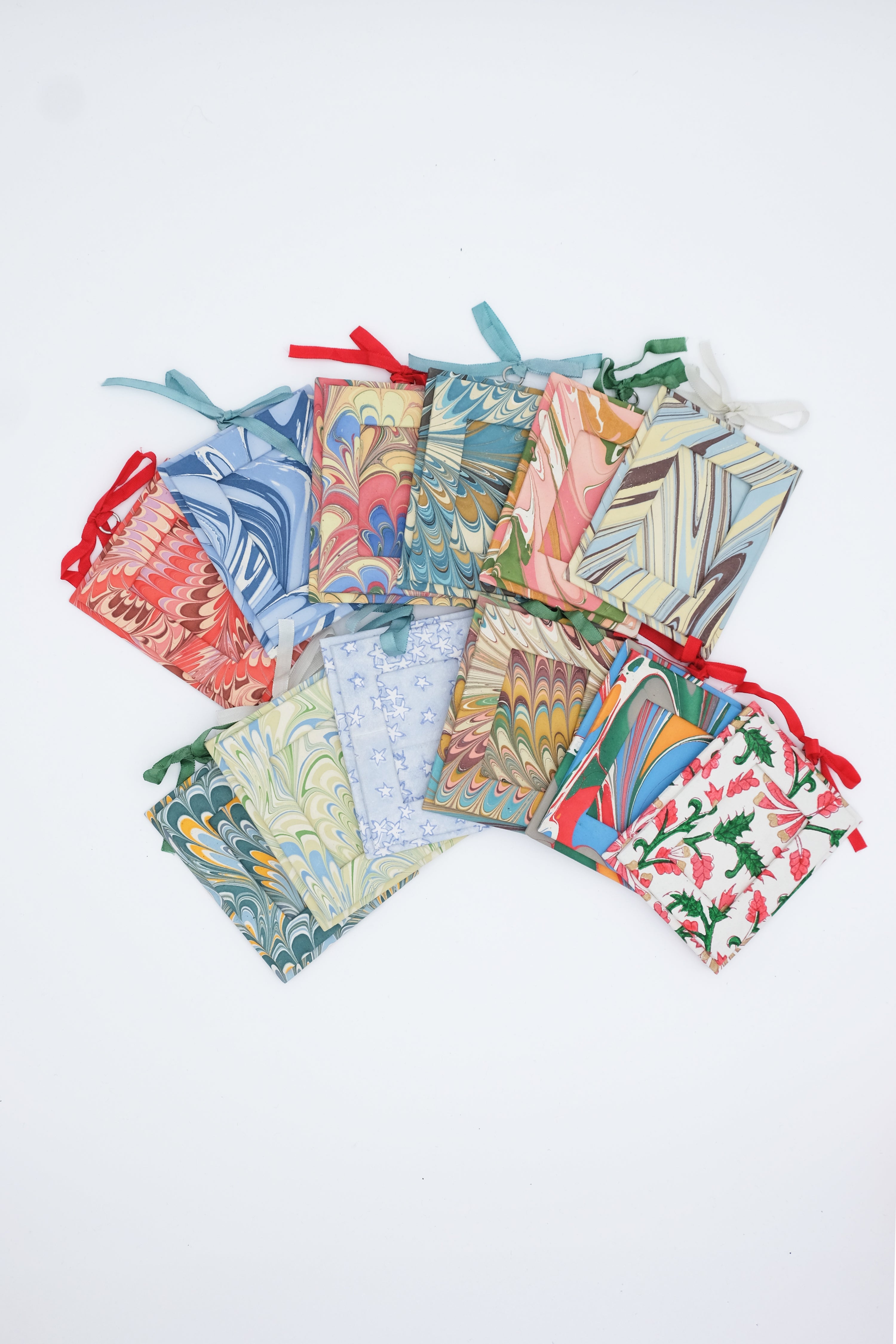 Mini hand-marbled fabric picture frame ornaments with ribbons, Inner Child design studio