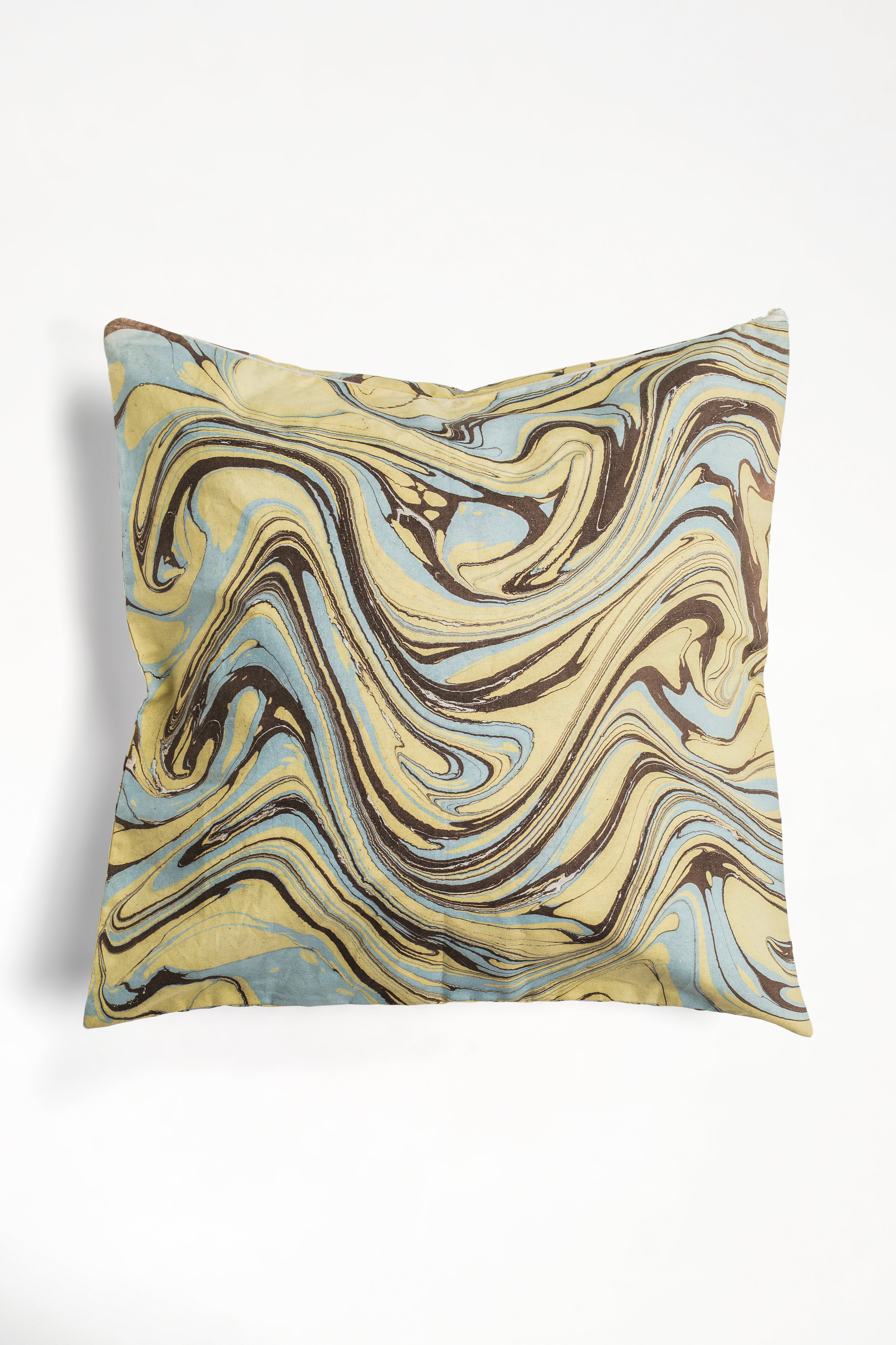 Kyoto hand-marbled square pillow 20x20 with blue, brown, beige swirls
