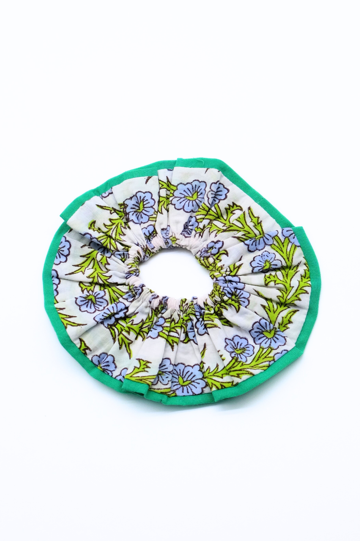 Green-edged Maine block print scrunchie with blue floral motifs